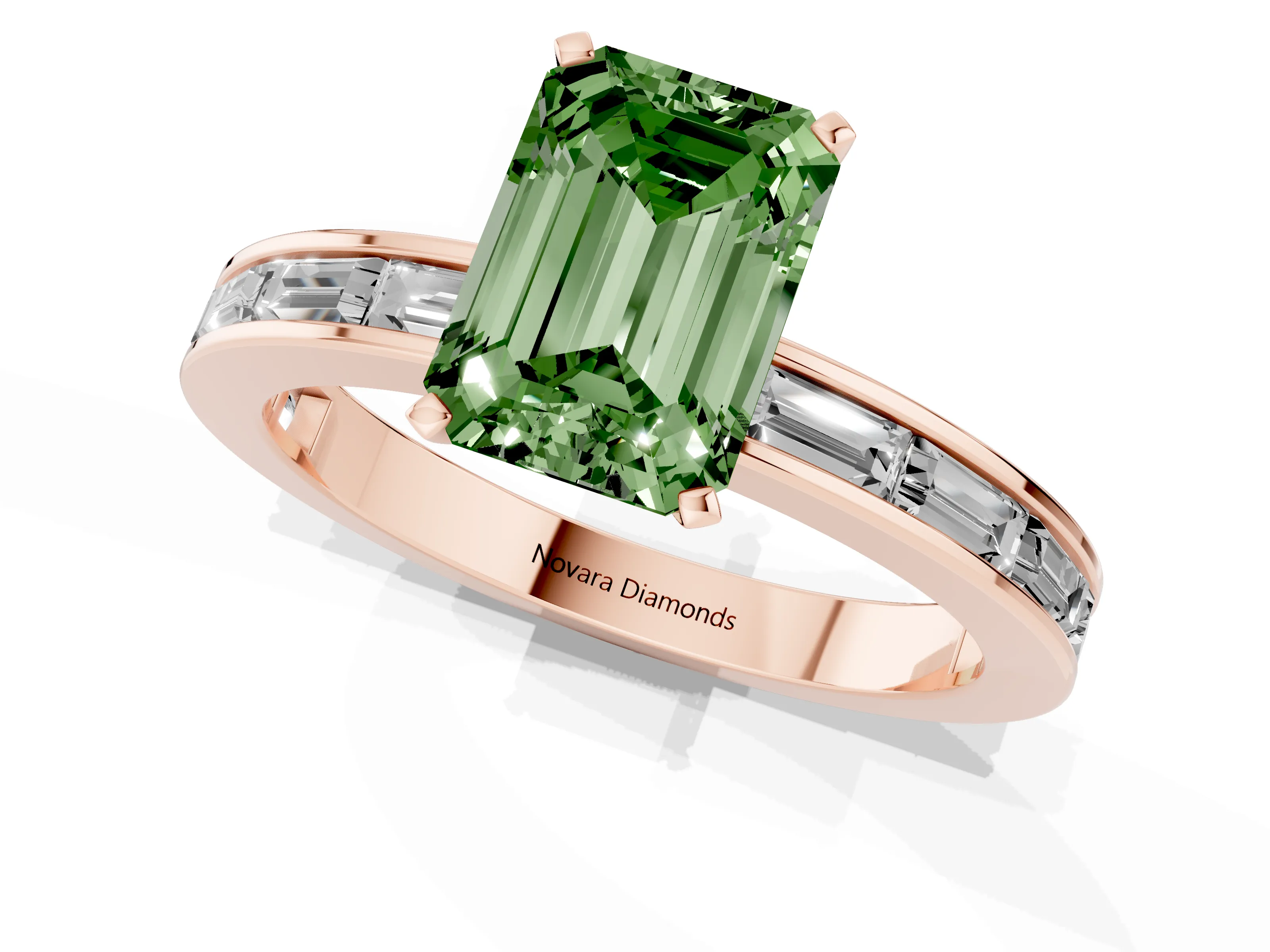 Fancy Green Emerald Cut Diamond Solitaire Ring Set in Rose gold with Channel-Set Baguette Band and Prong Setting