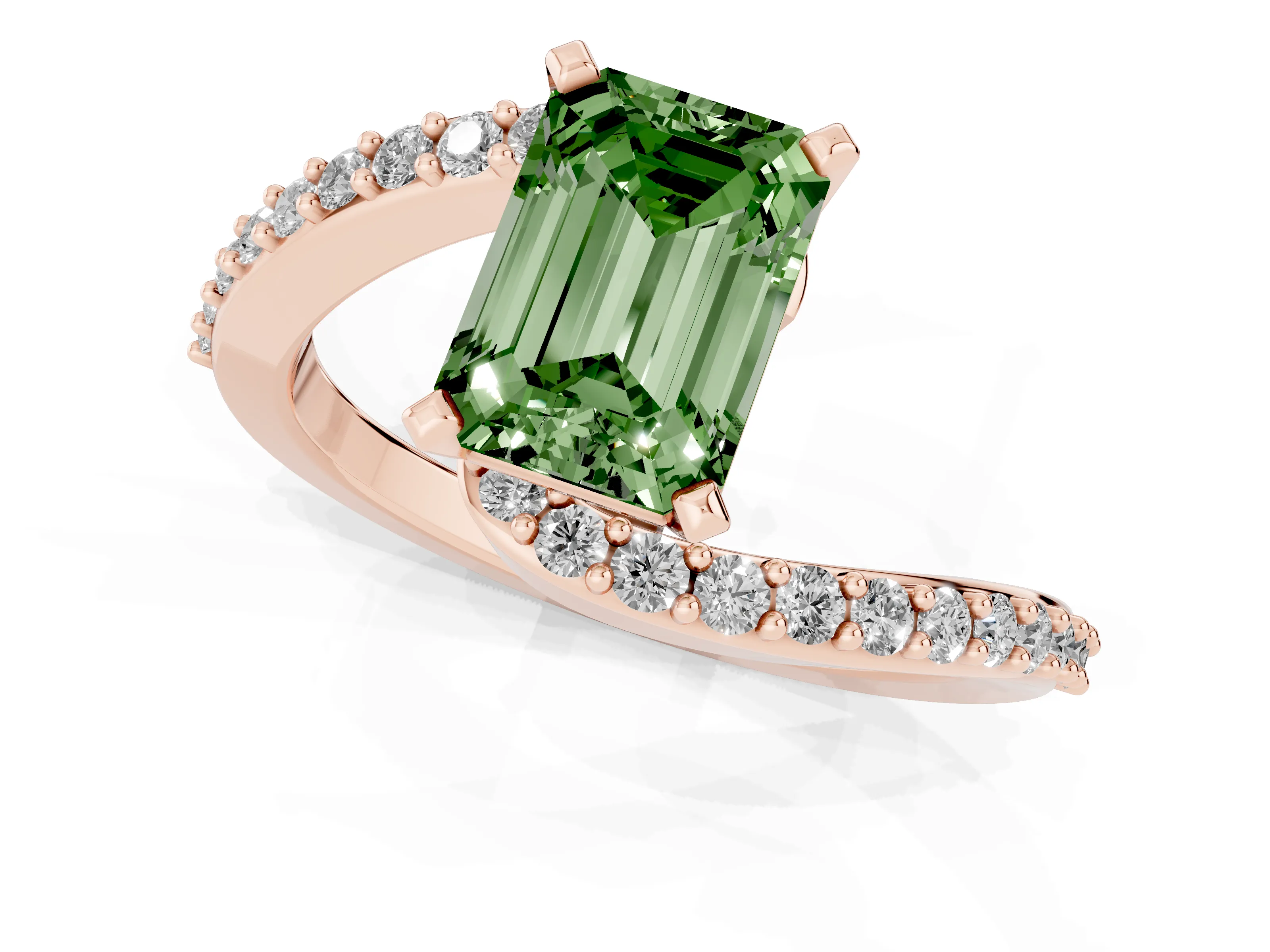 Fancy Green Emerald Cut Diamond Solitaire Ring Set in Rose gold with Pavé Twist Band and Prong Setting