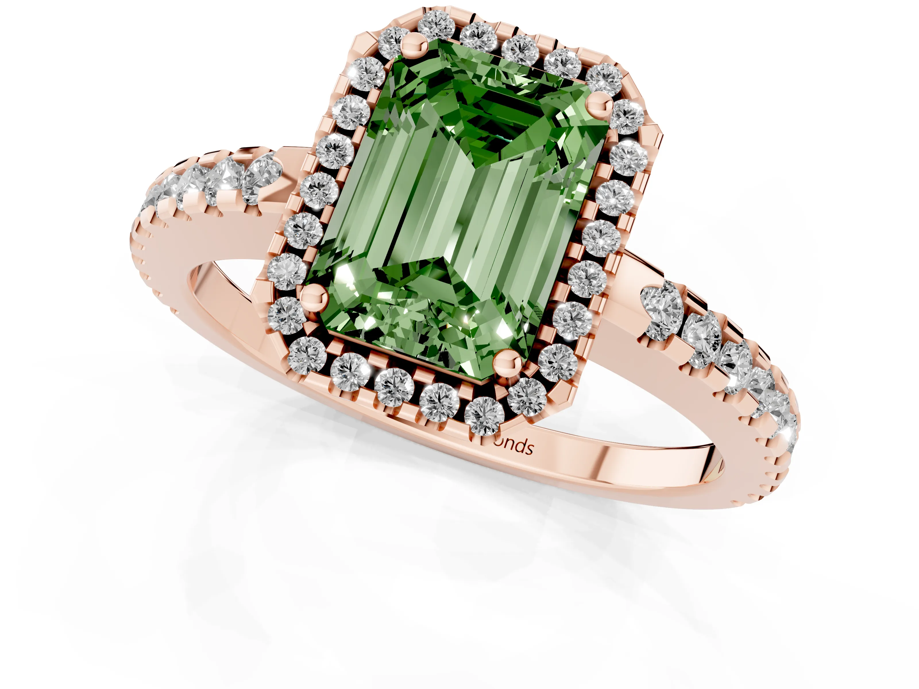 Fancy Green Emerald Cut Diamond Halo Ring Set in Rose gold with Pavé Shoulders and Halo-Framed Center