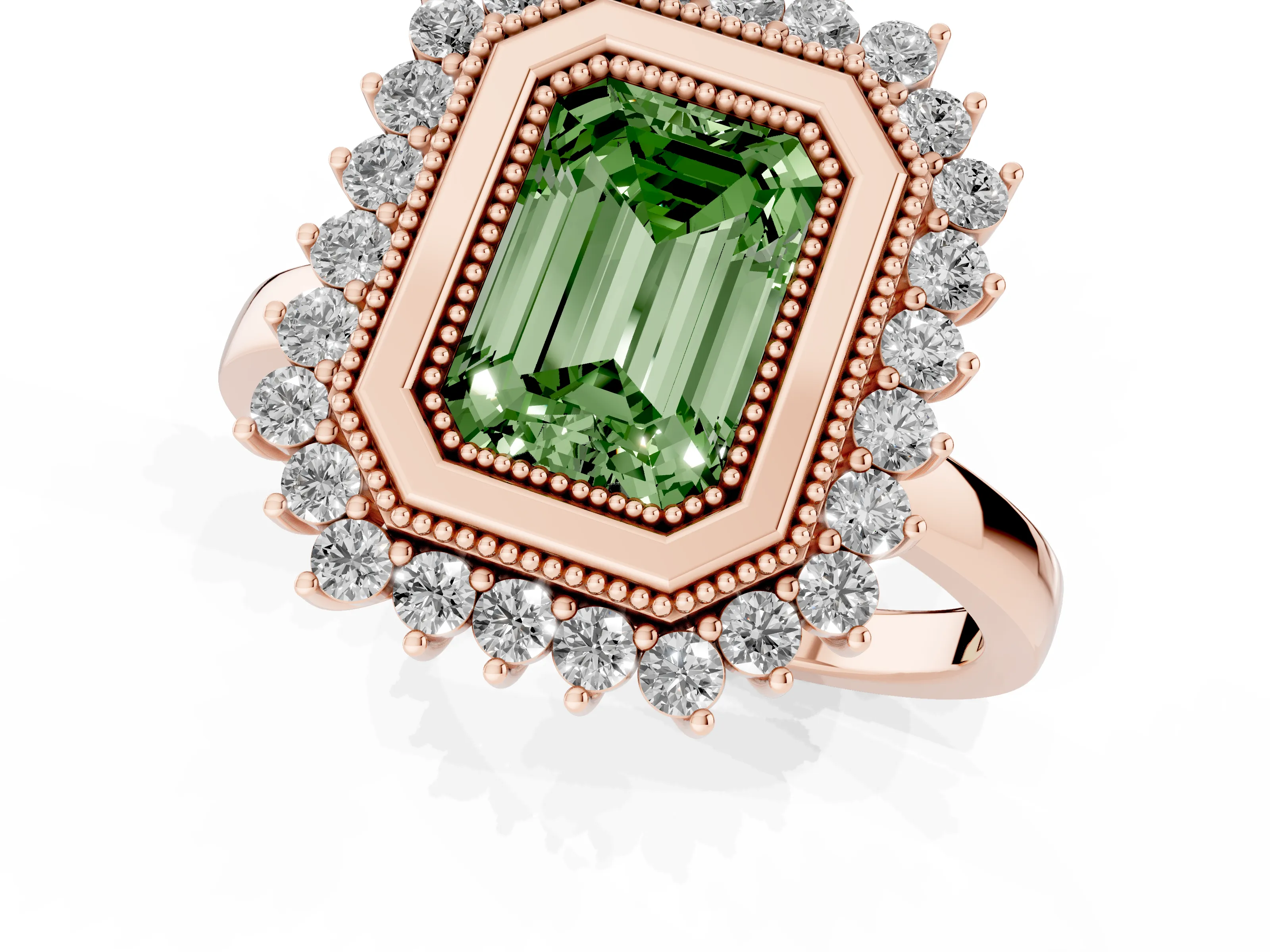 Fancy Green Emerald Cut Diamond Halo Ring Set in Rose gold with Milgrain Edge and Round Prong Setting