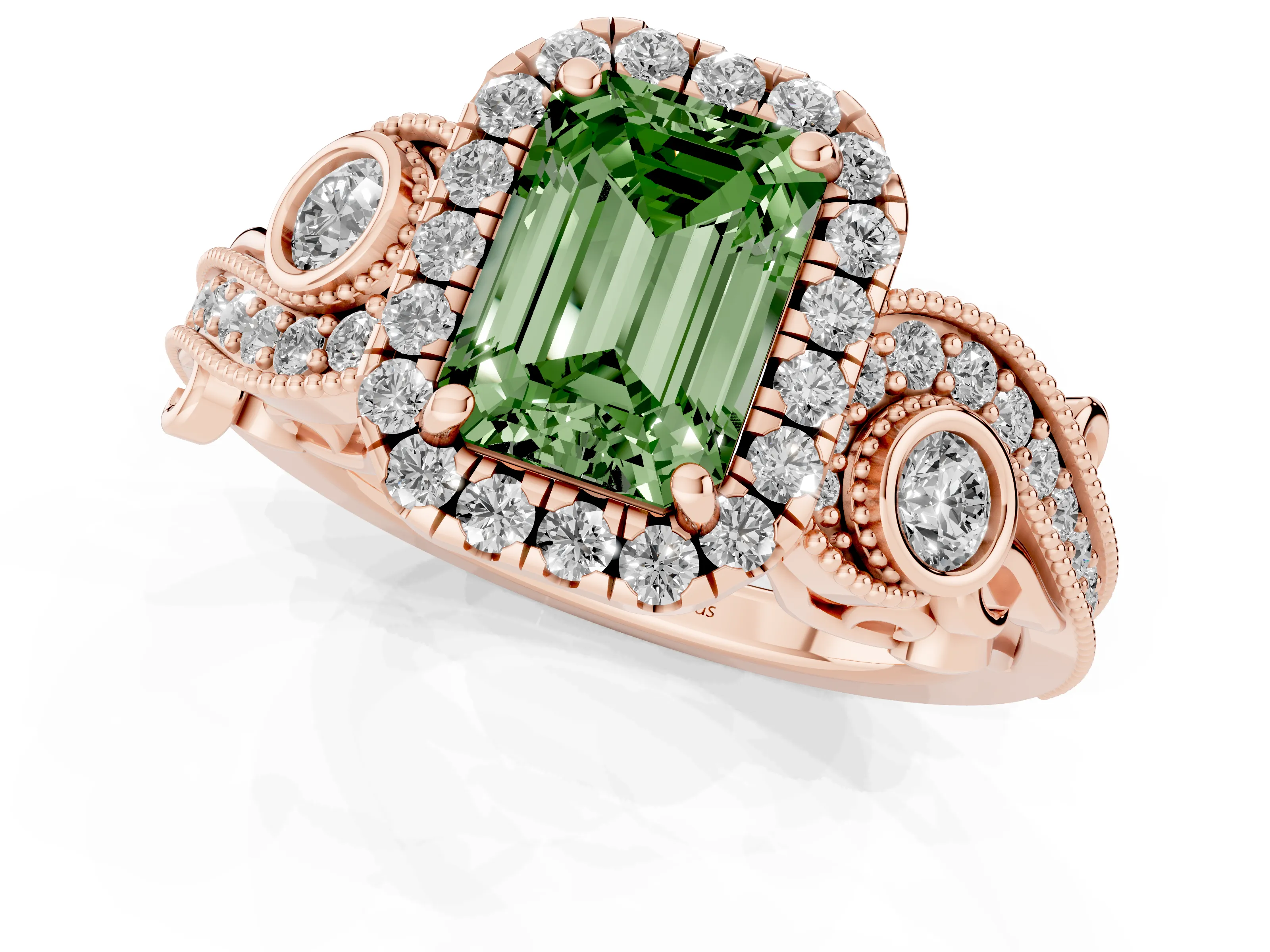 Fancy Green Emerald Cut Diamond Halo Ring Set in Rose gold with Milgrain Pavé Band and Prong Setting