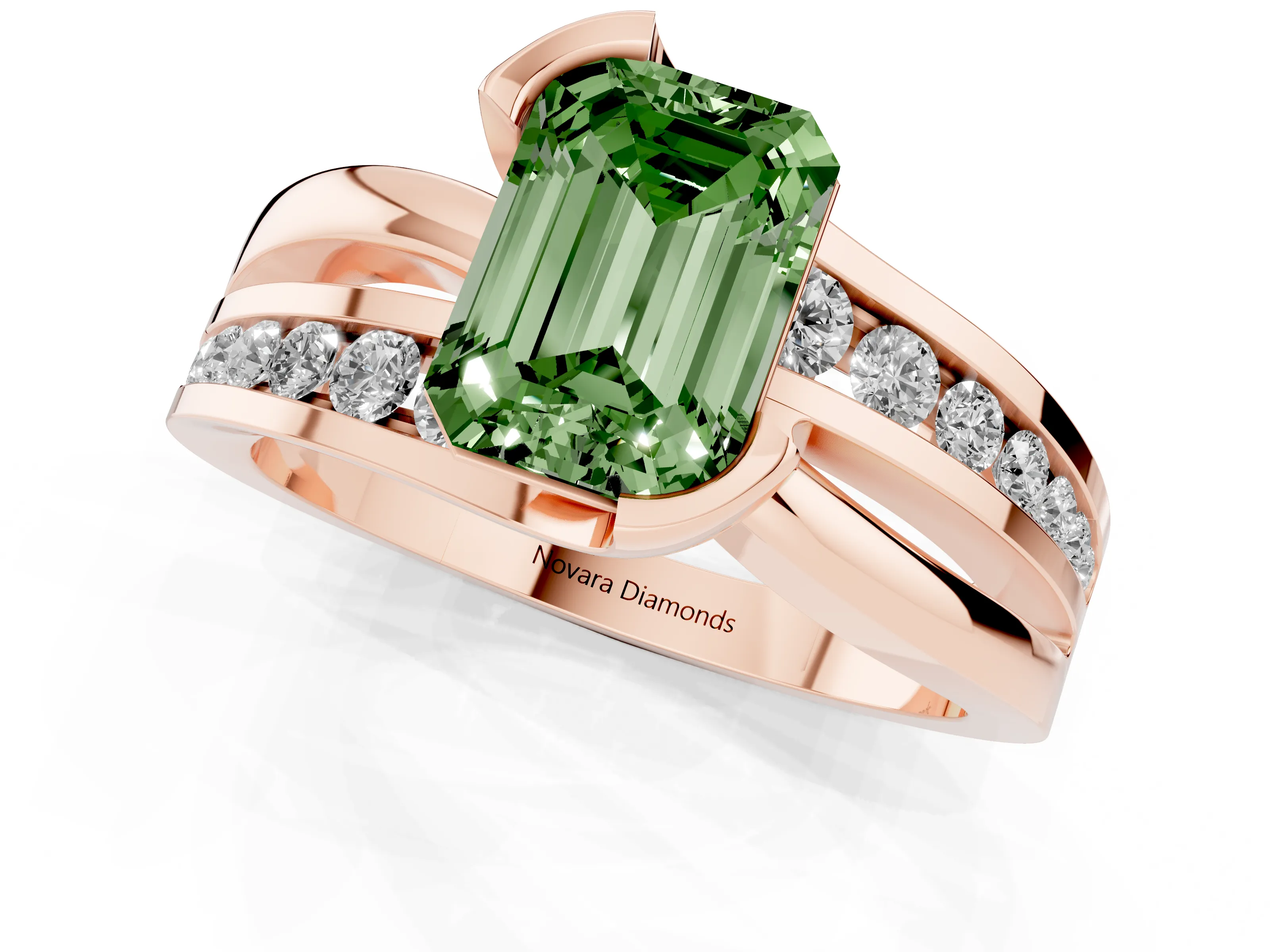 Fancy Green Emerald Cut Diamond Solitaire Ring Set in Rose gold with Channel Set Split Shank and Tension Prongs