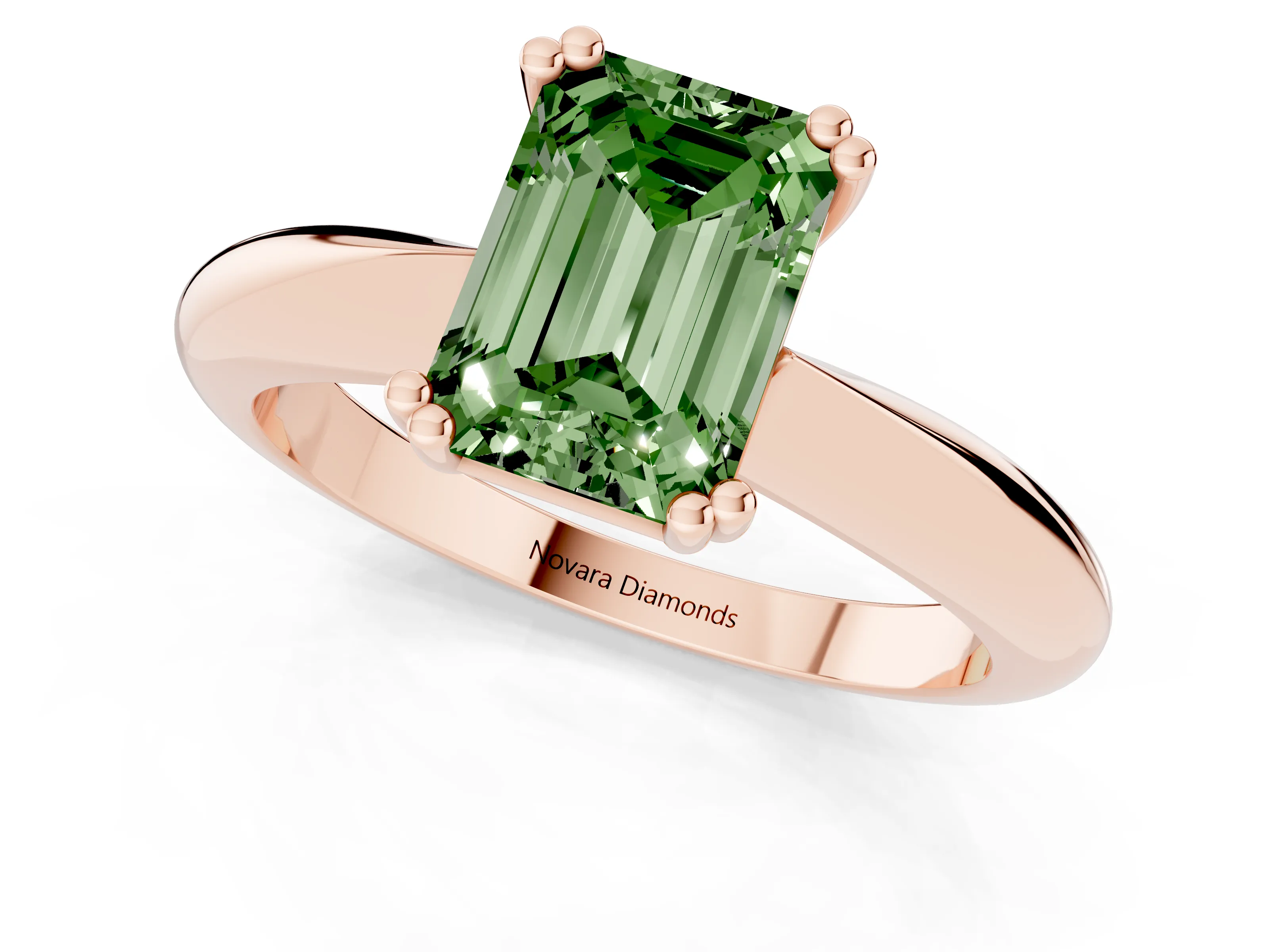Fancy Green Emerald Cut Diamond Solitaire Engagement Ring Set in Rose gold with Tapered Band and Prong Setting