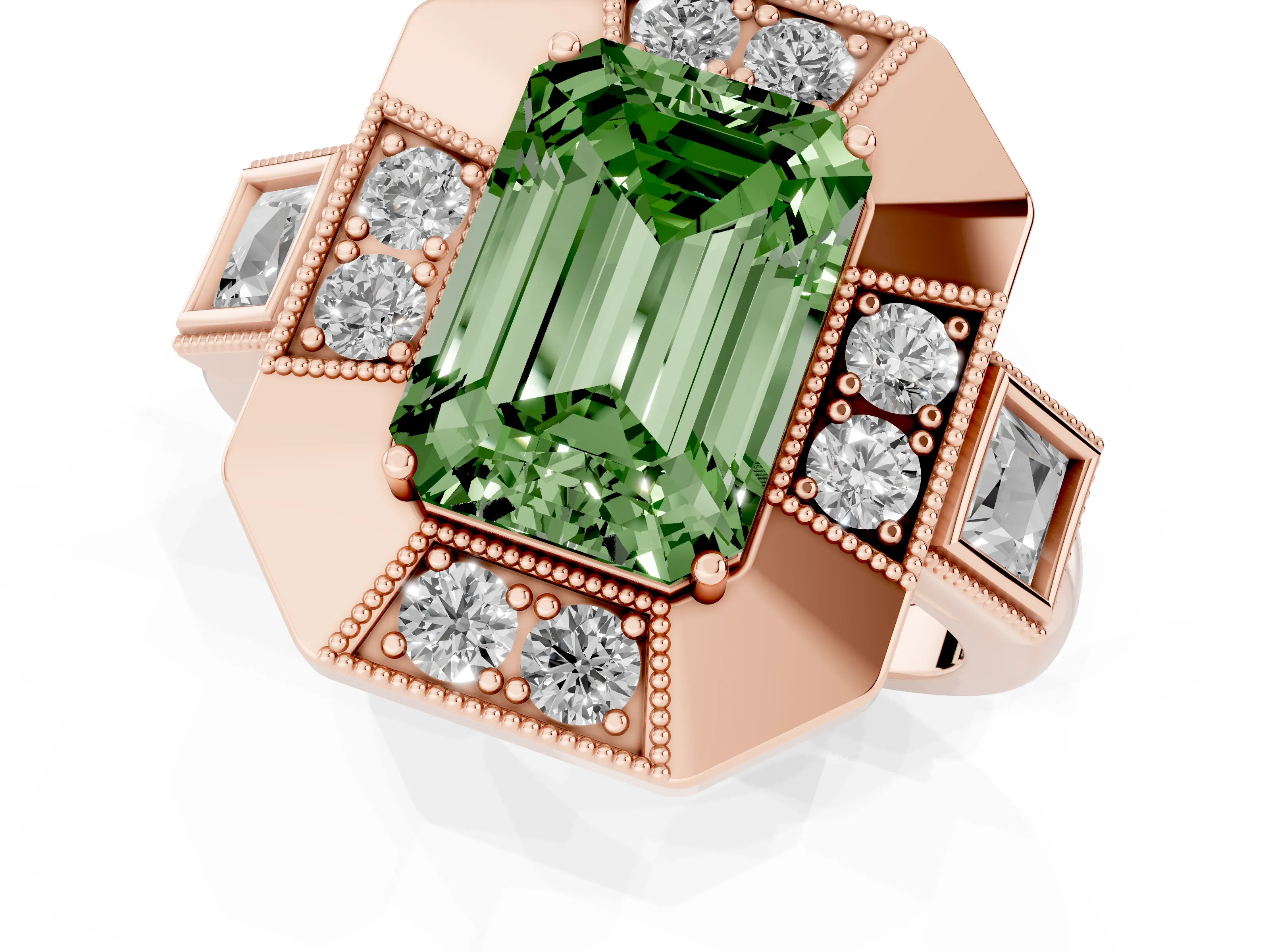 Fancy Green Emerald Cut Diamond Milgrain Halo Ring Set in Rose gold with Split Shank