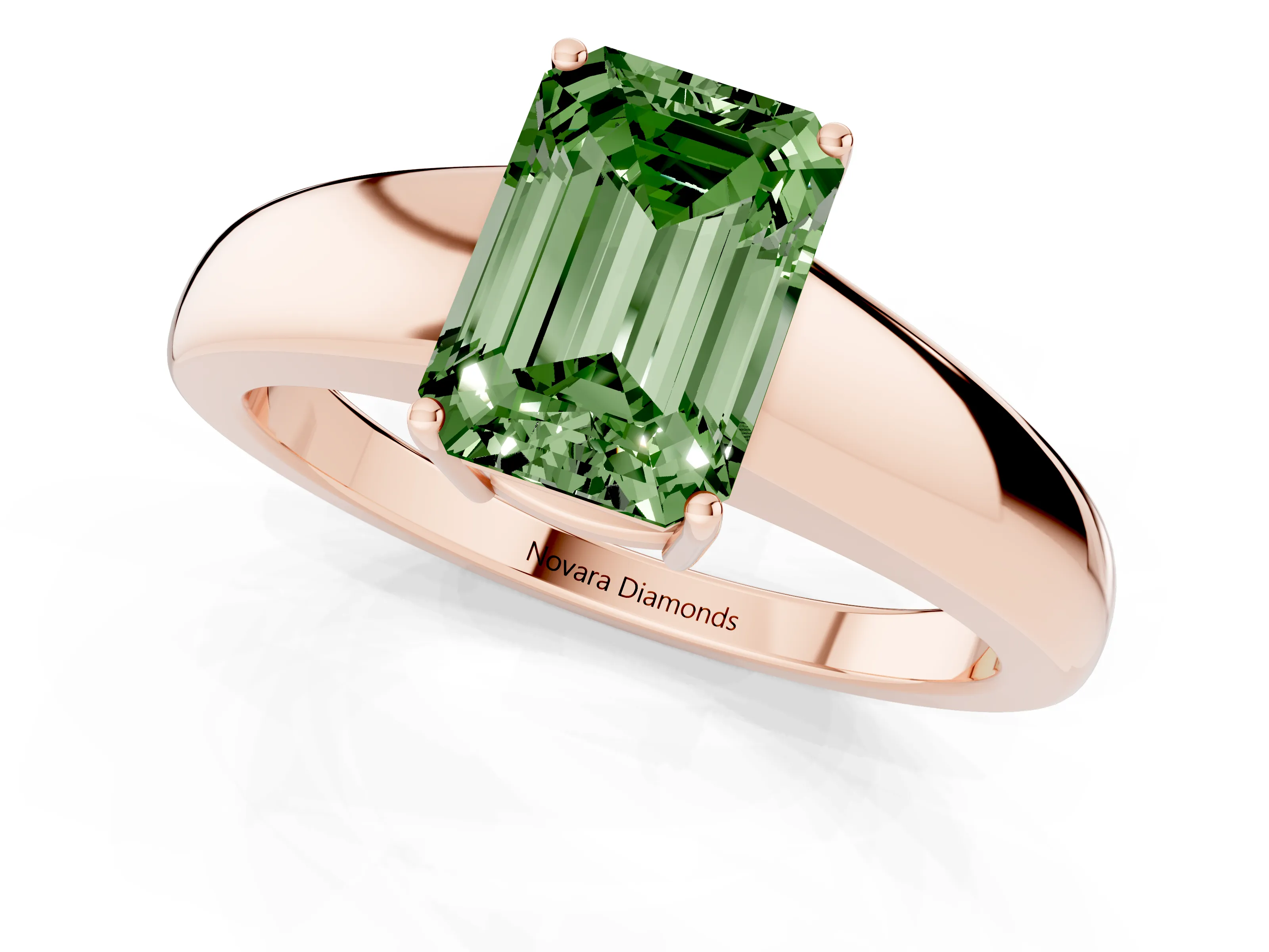 Fancy Green Emerald Cut Diamond Solitaire Ring Set in Rose gold with Tapered Band and Prong Setting