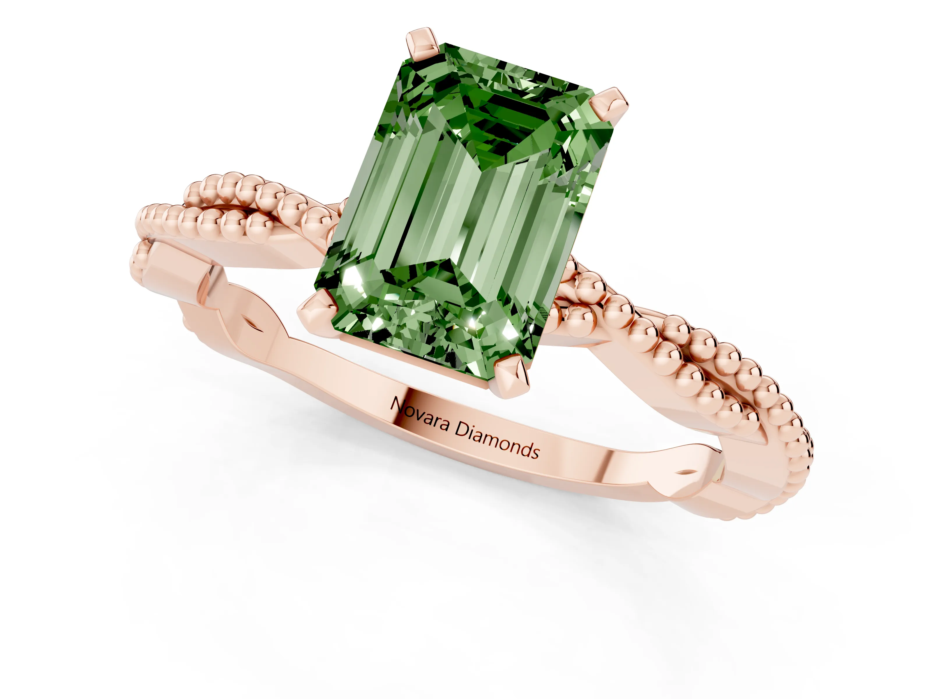 Fancy Green Emerald Cut Diamond Solitaire Ring Set in Rose gold with Twisted Band and Bead Prong Setting