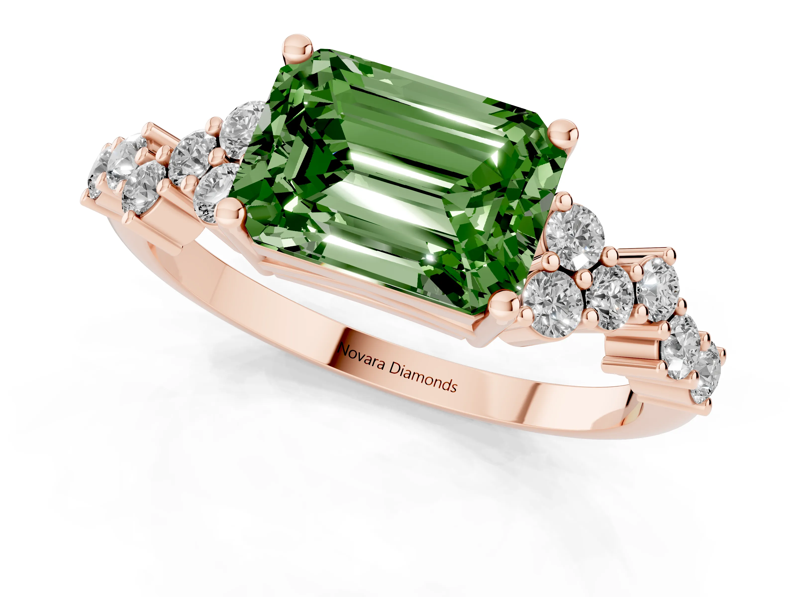 Fancy Green Emerald Cut Diamond Ring Set in Rose gold with Scattered Round Accents
