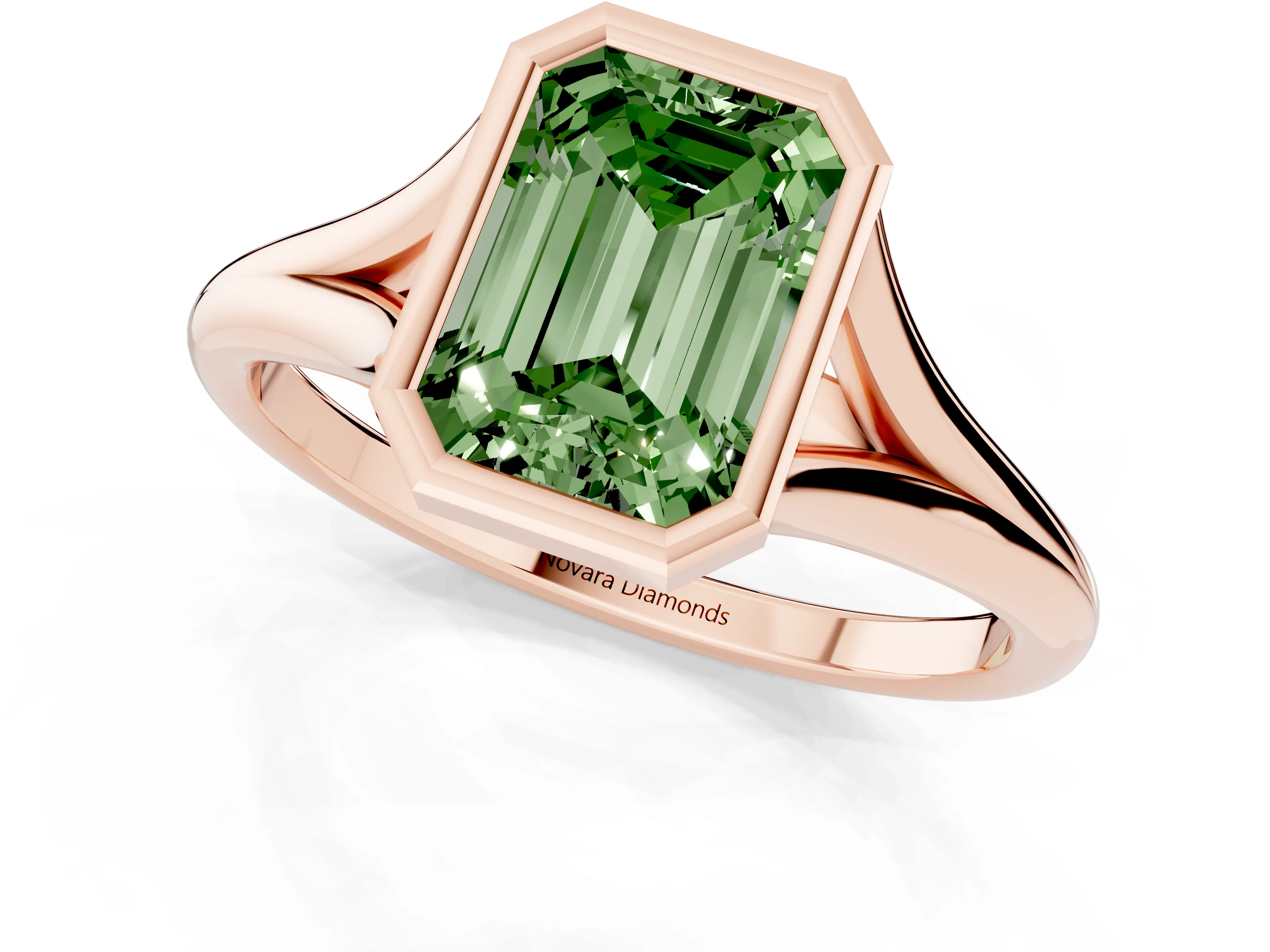 Fancy Green Bezel Set Emerald Cut Diamond Solitaire Ring Set in Rose gold with Tapered Band
