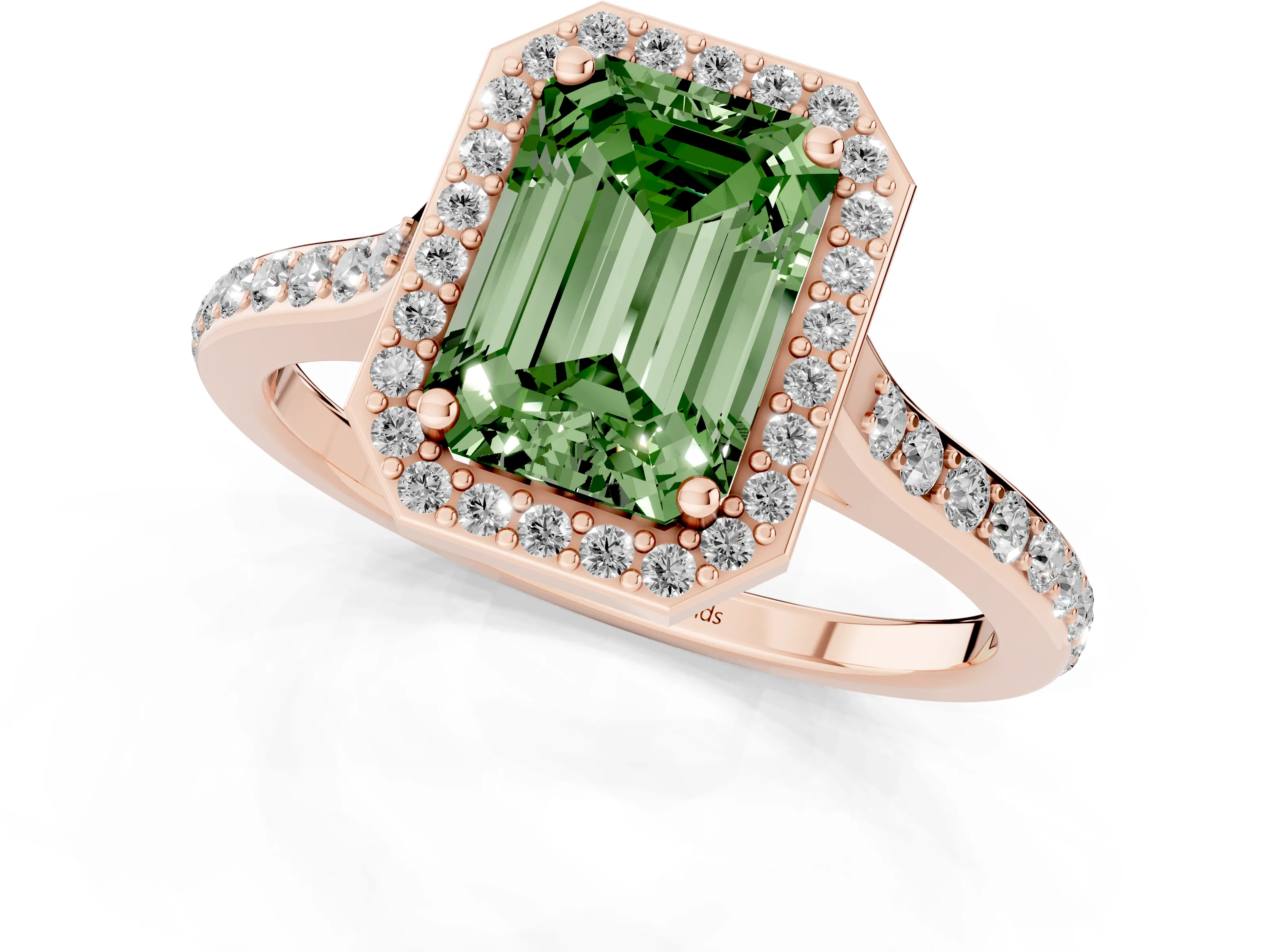 Fancy Green Emerald Cut Diamond Halo Engagement Ring Set in Rose gold with Round Pavé Shoulders and Heart Gallery