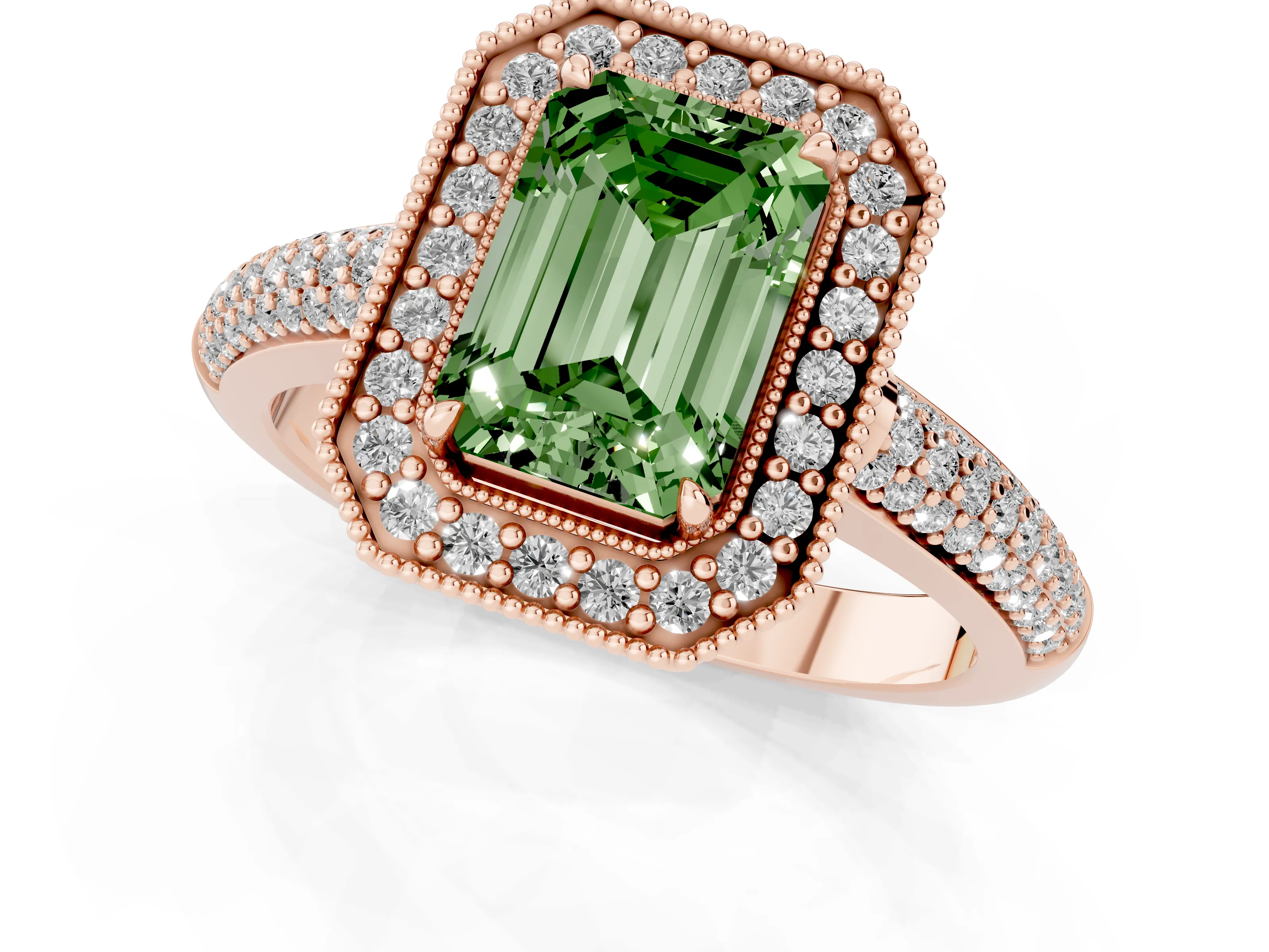 Fancy Green Emerald Cut Diamond Halo Pavé Band Set in Rose gold with Prong Setting