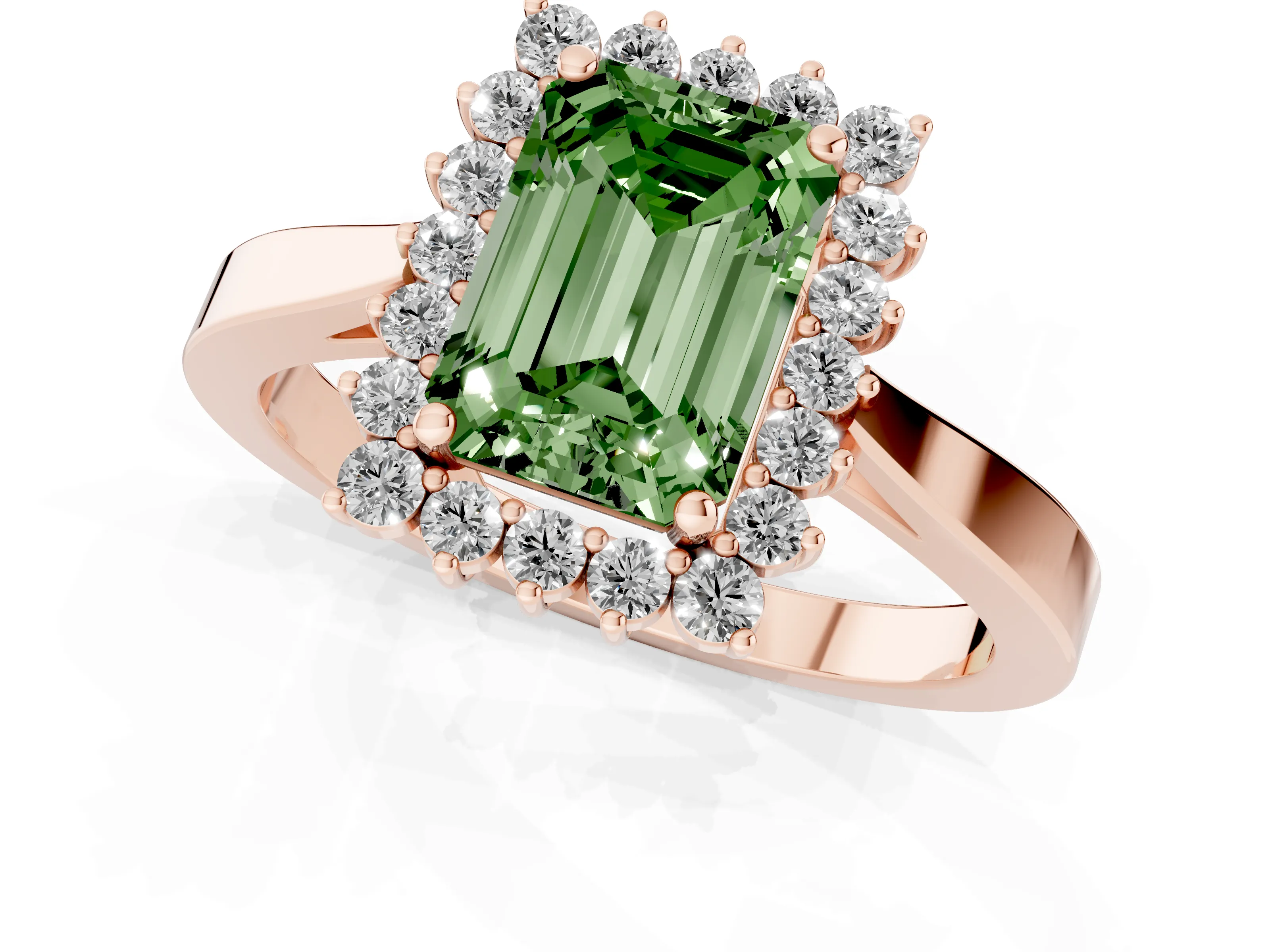 Fancy Green Emerald Cut Diamond Halo Ring Set in Rose gold with Round Halo and Smooth Solitaire Band