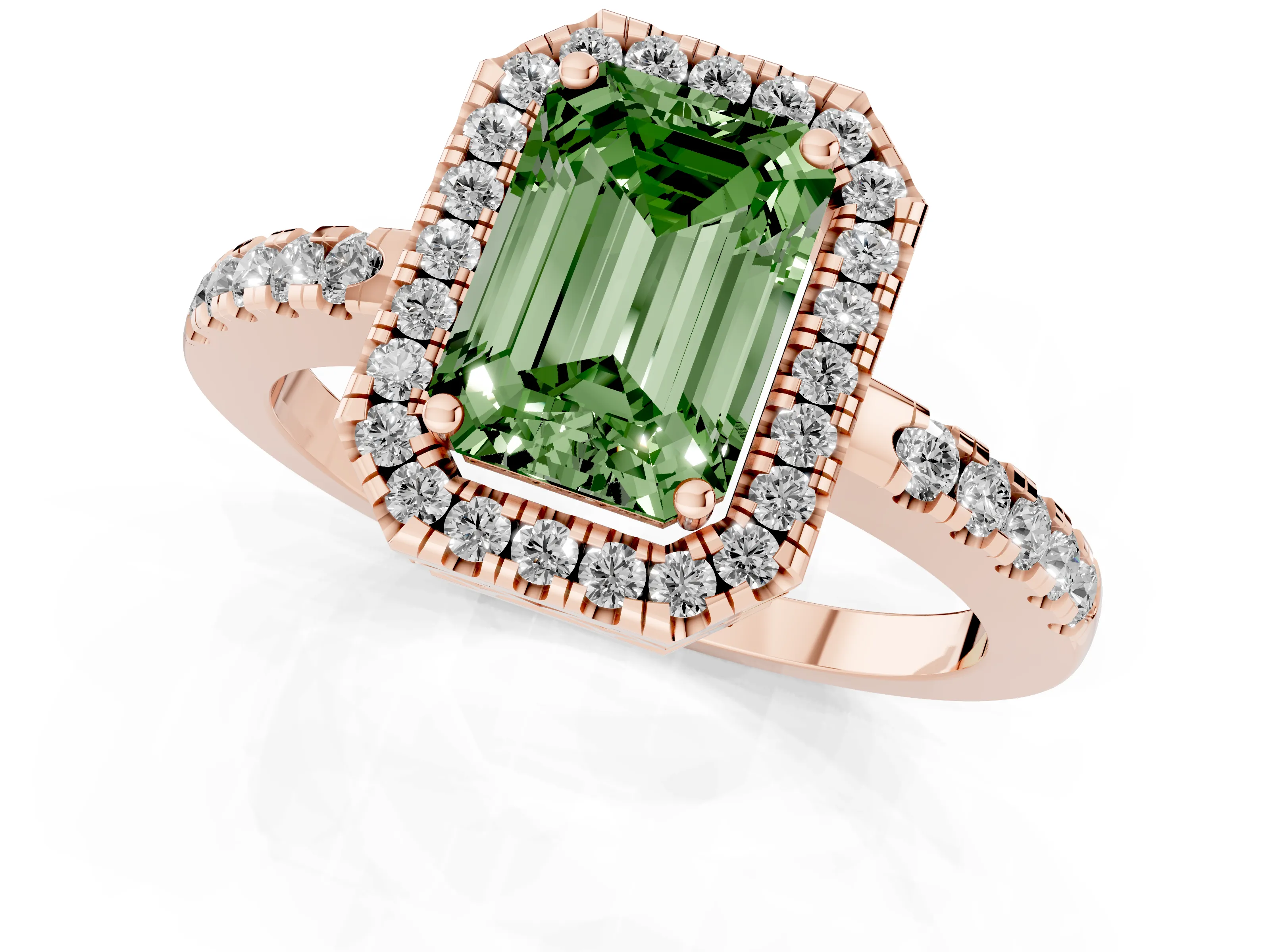 Fancy Green Emerald Cut Diamond Pavé Band Halo Engagement Ring Set in Rose gold with Prong Setting