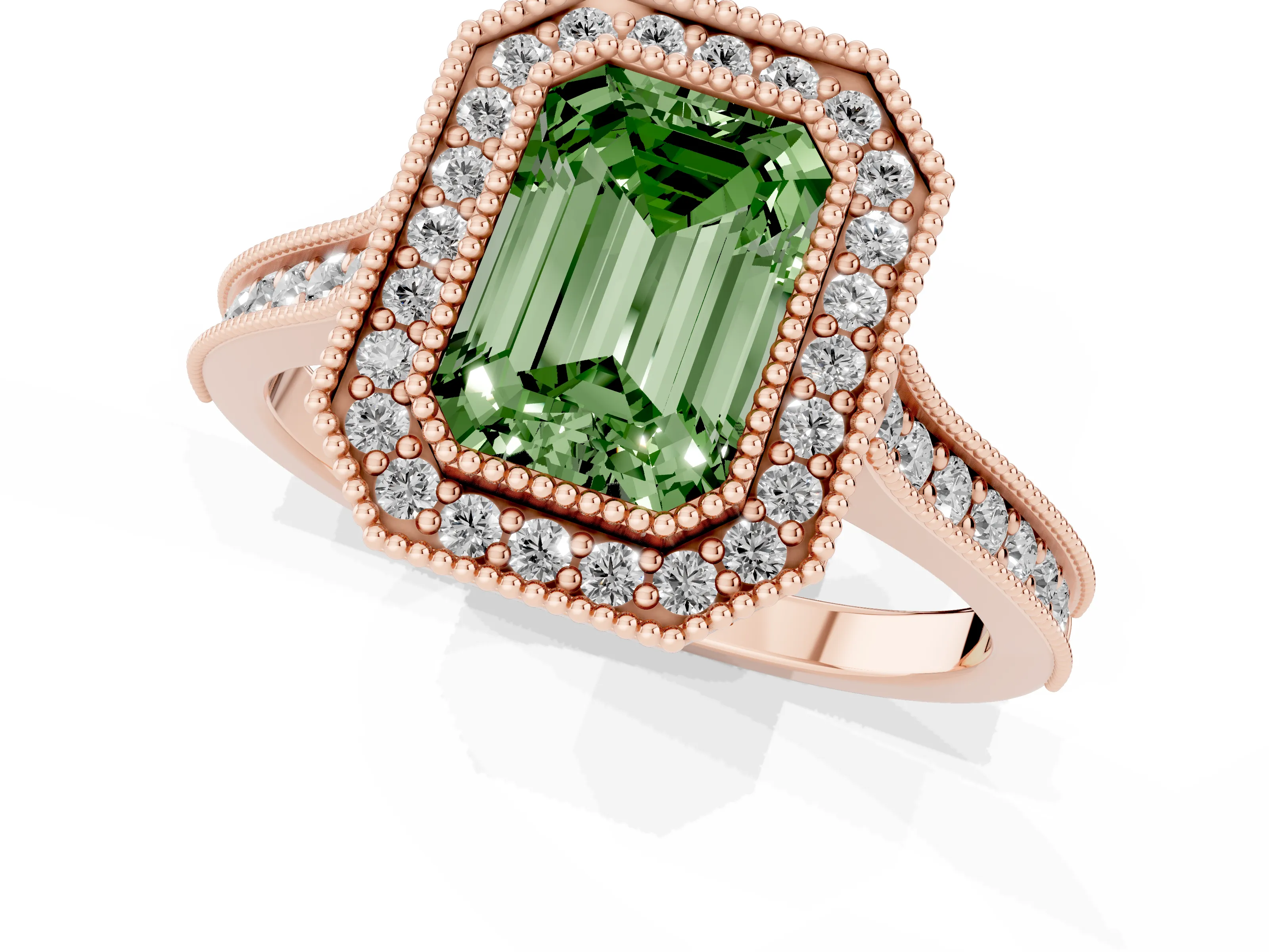 Fancy Green Emerald Cut Diamond Halo Milgrain Pavé Band Ring Set in Rose gold with Prong Setting