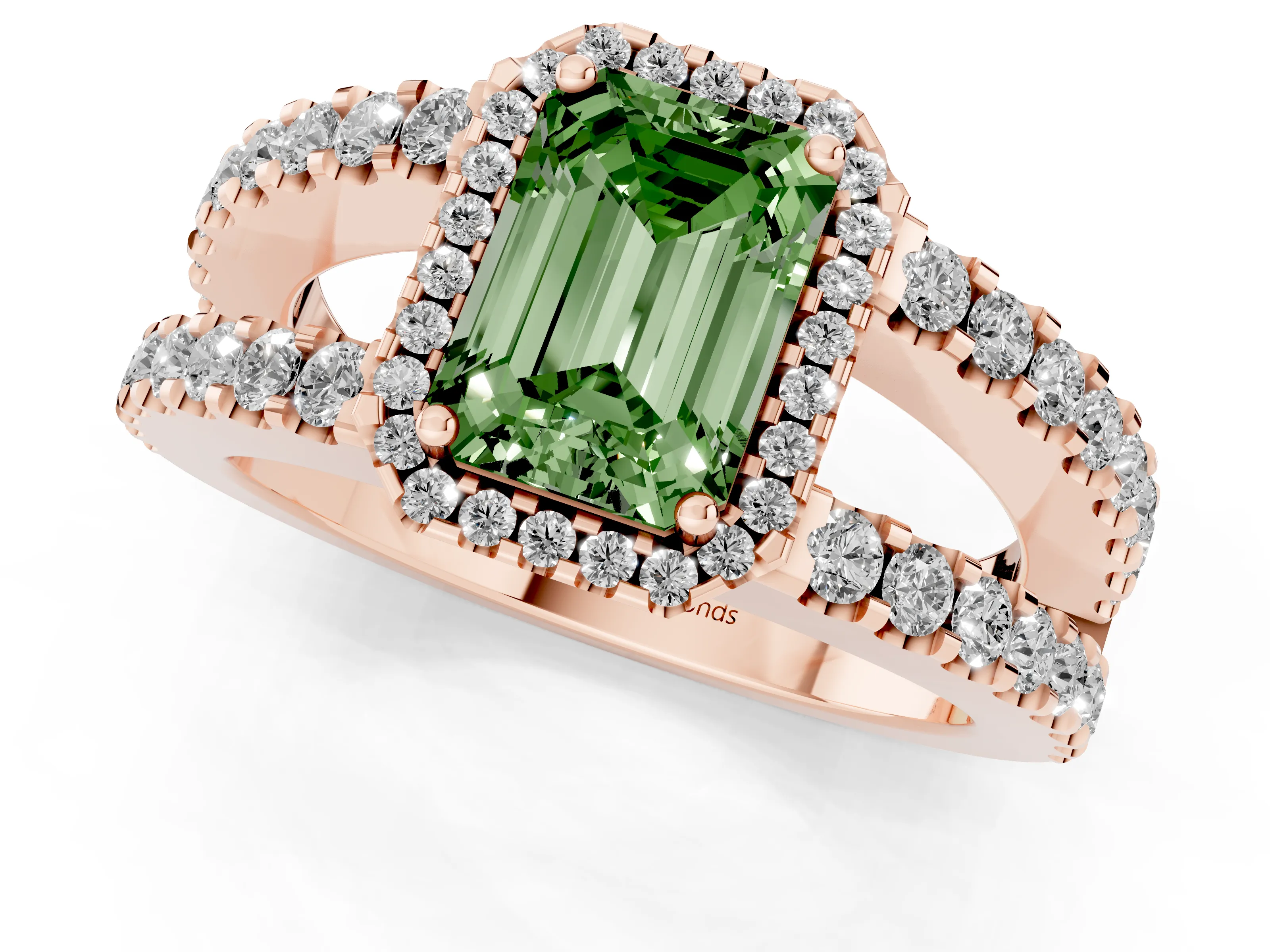 Fancy Green Emerald Cut Diamond Halo Ring Set in Rose gold with Pavé Split Shank and Prong Setting