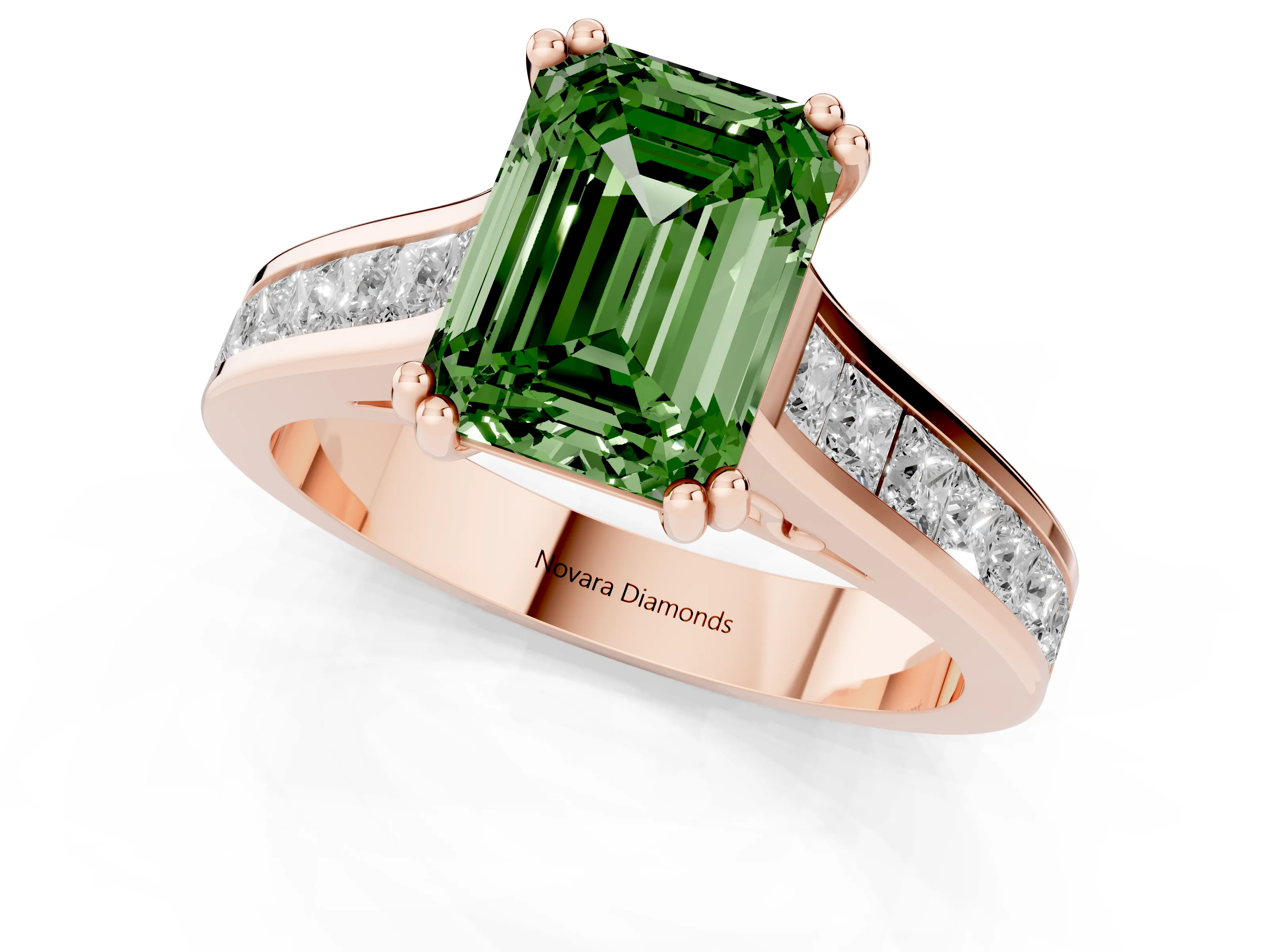 Fancy Green Emerald Cut Diamond Channel Set Solitaire Engagement Ring Set in Rose gold with Prong Setting