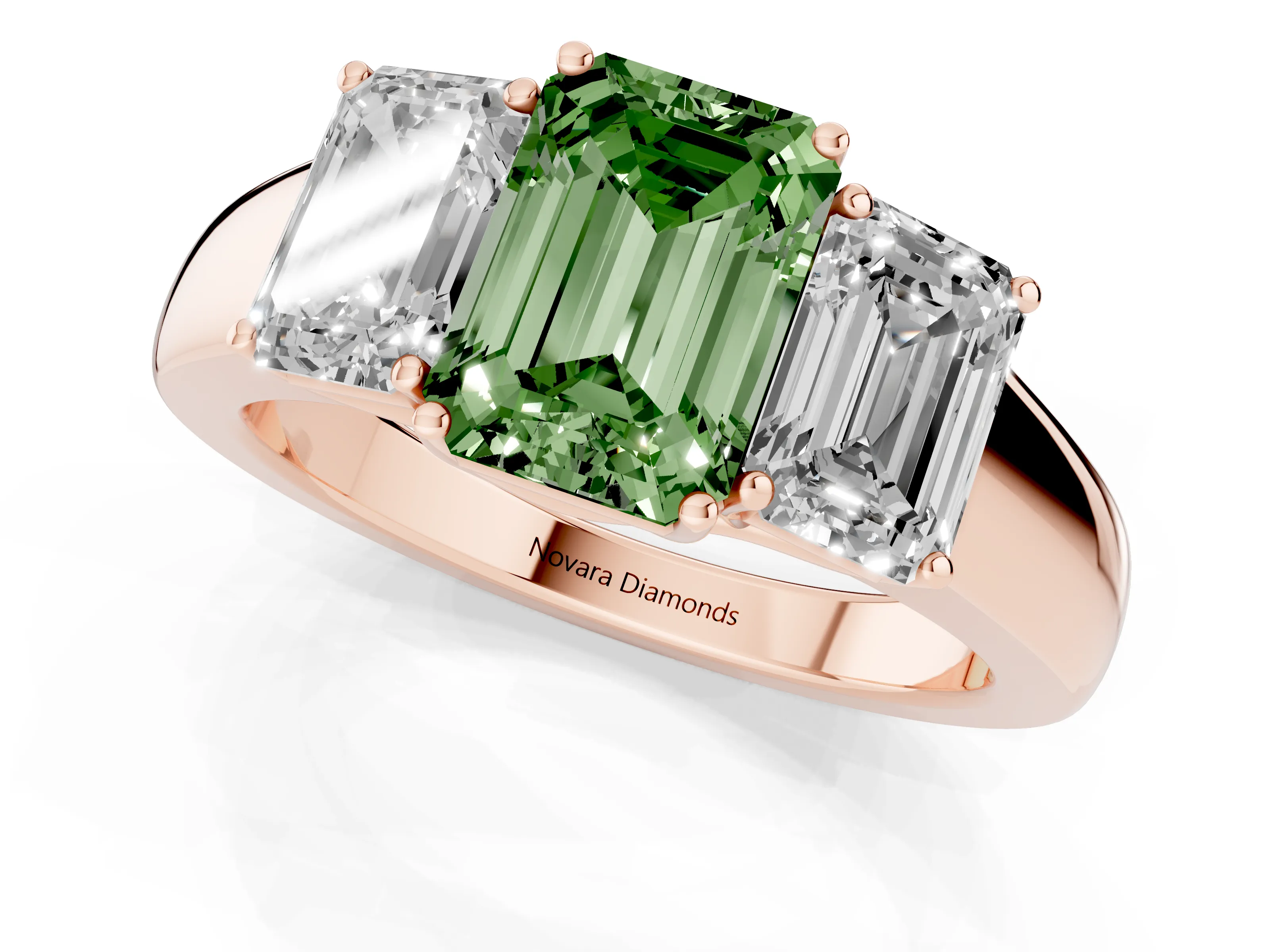 Fancy Green Three-Stone Emerald Cut Diamond Ring Set in Rose gold with Matching Prong Settings and Plain Band