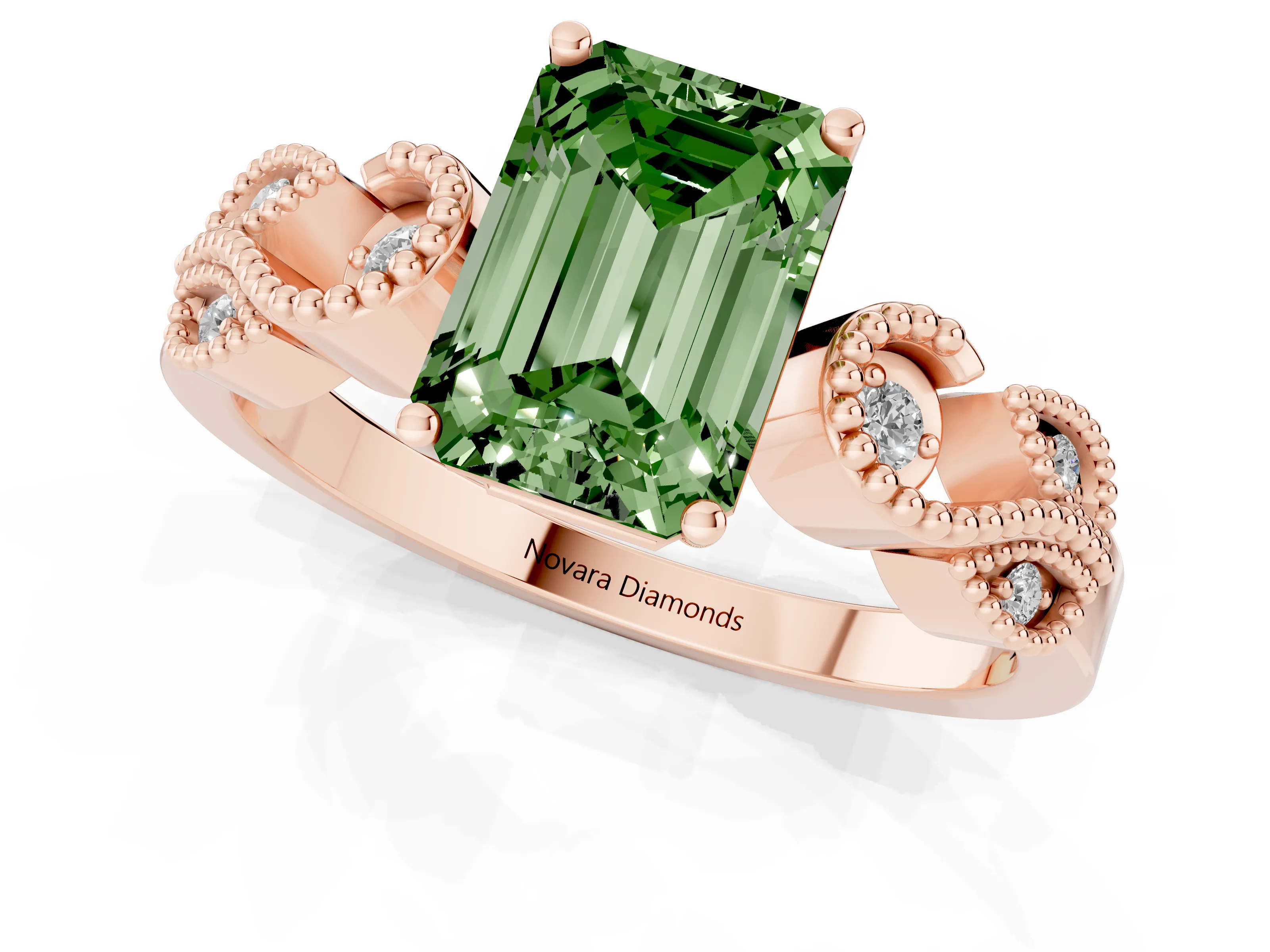 Fancy Green Emerald Cut Diamond Milgrain Leaf Band Solitaire Ring Set in Rose gold with Accent Stones and Prong Setting