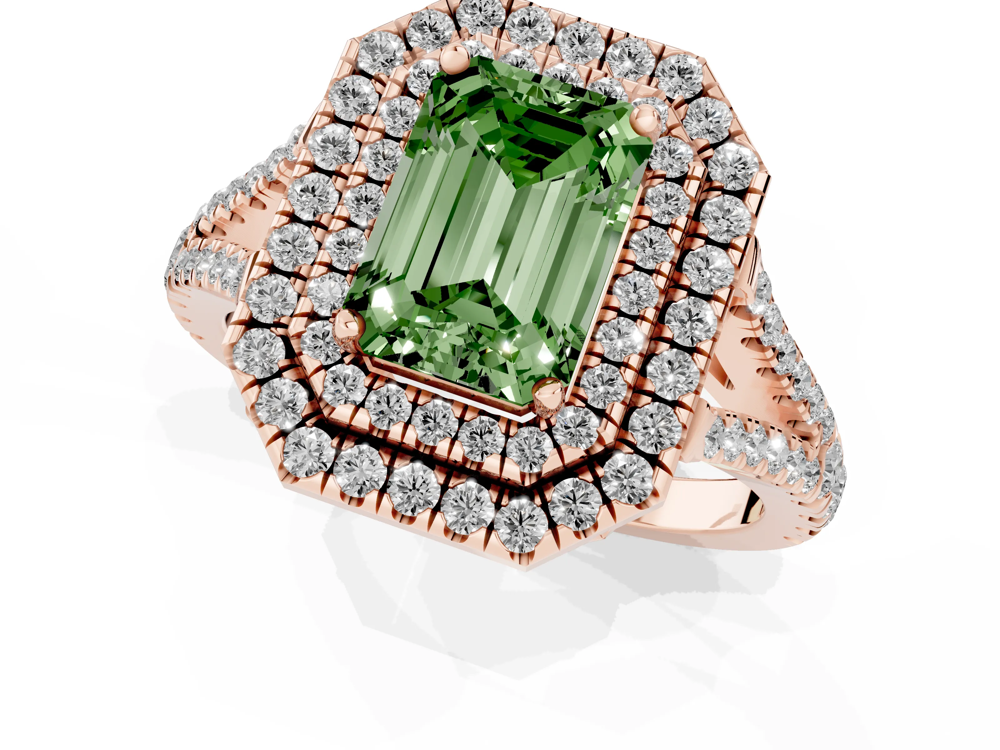 Fancy Green Emerald Cut Diamond Double Halo Ring Set in Rose gold with Pavé Band