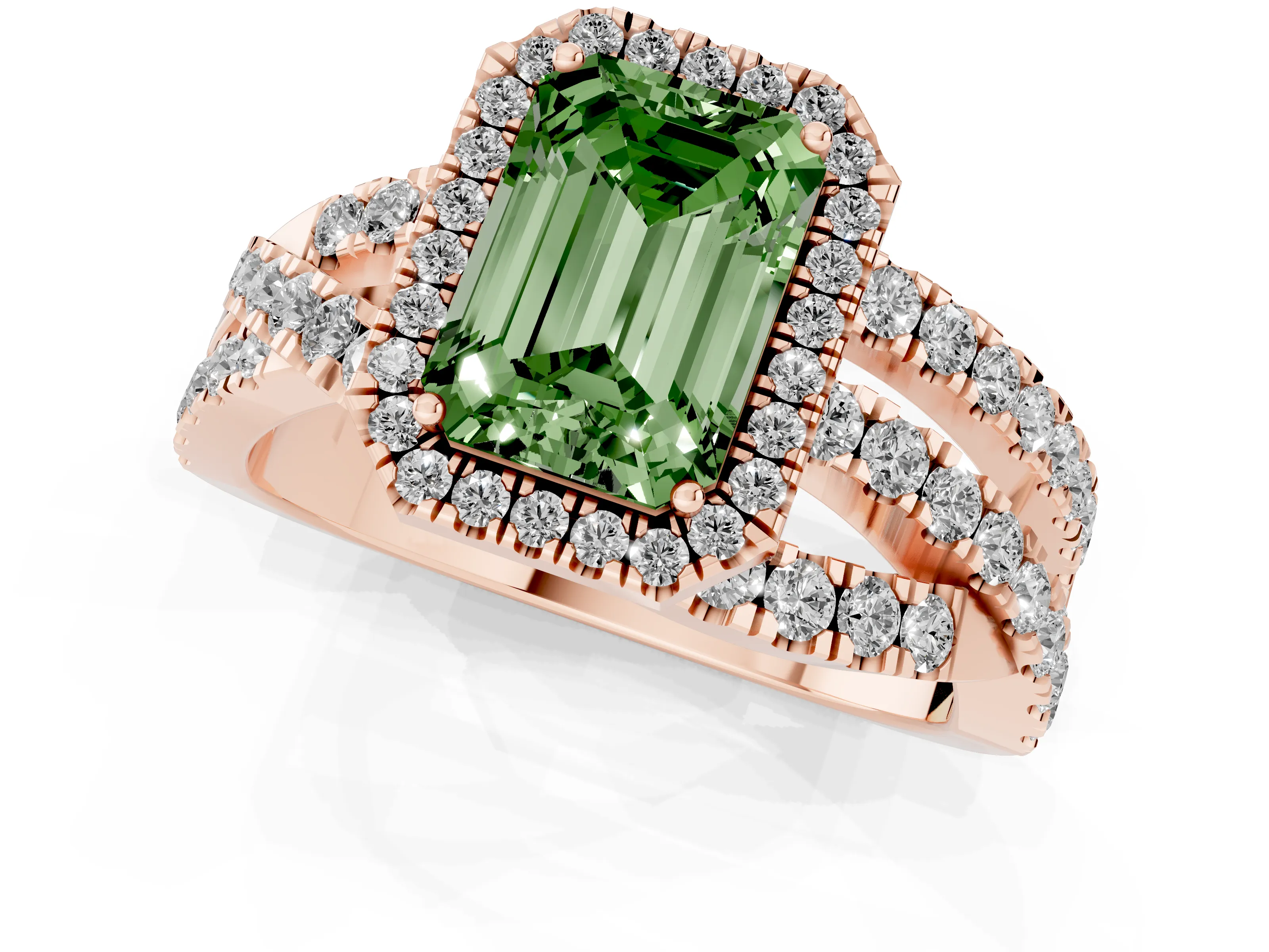 Fancy Green Emerald Cut Diamond Halo Ring Set in Rose gold with Round Crossover Split Shank and Prong Setting
