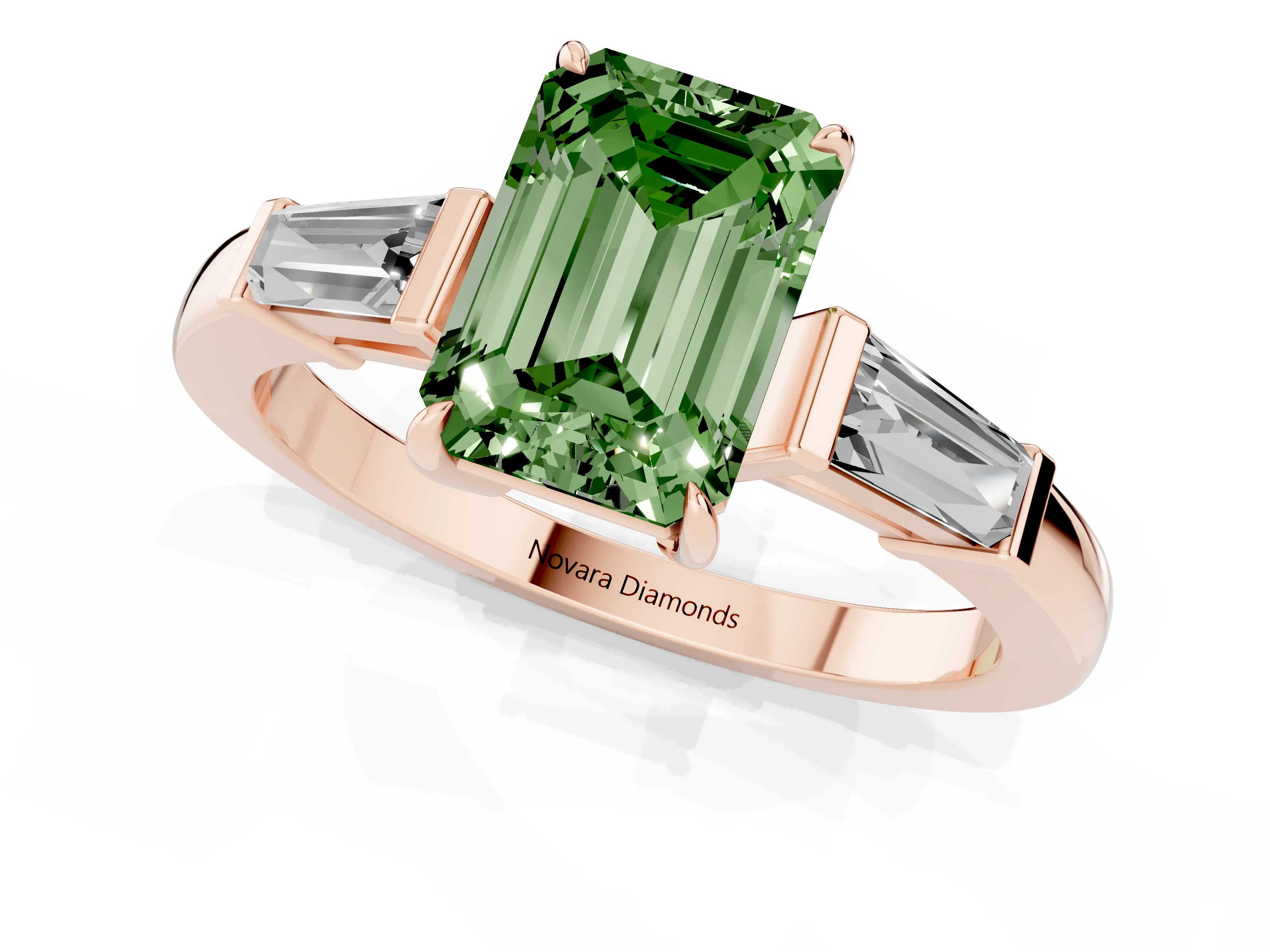 Fancy Green Emerald Cut Diamond Three-Stone Ring Set in Rose gold with Tapered Baguette Side Stones and Prong Setting