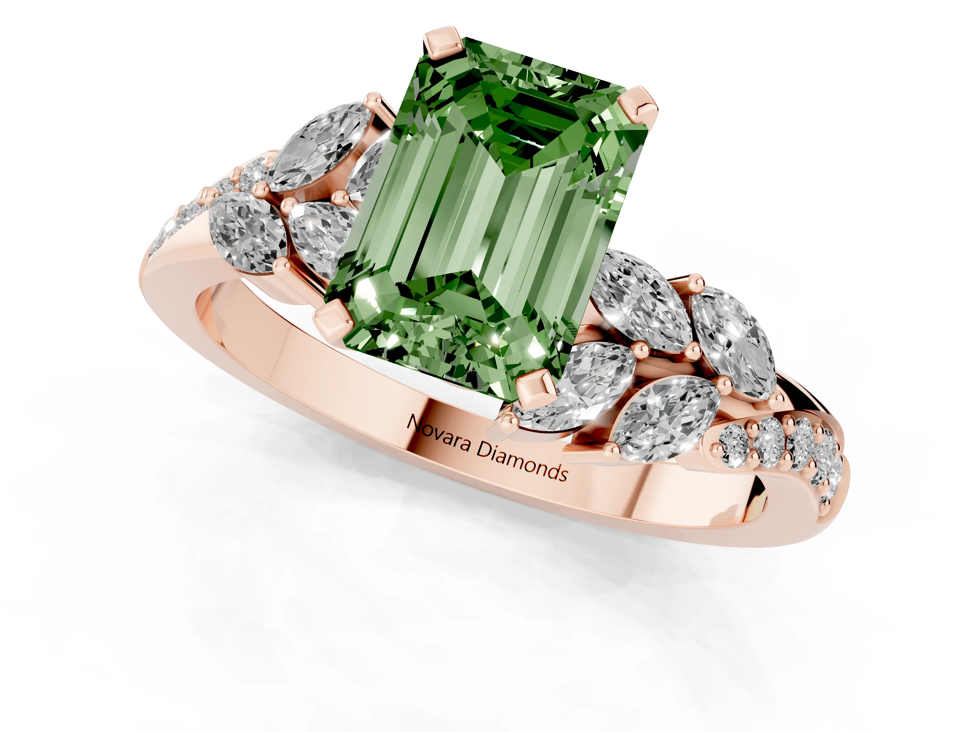Fancy Green Emerald Cut Diamond Solitaire Ring Set in Rose gold with Marquise Twist Band and Prong Setting