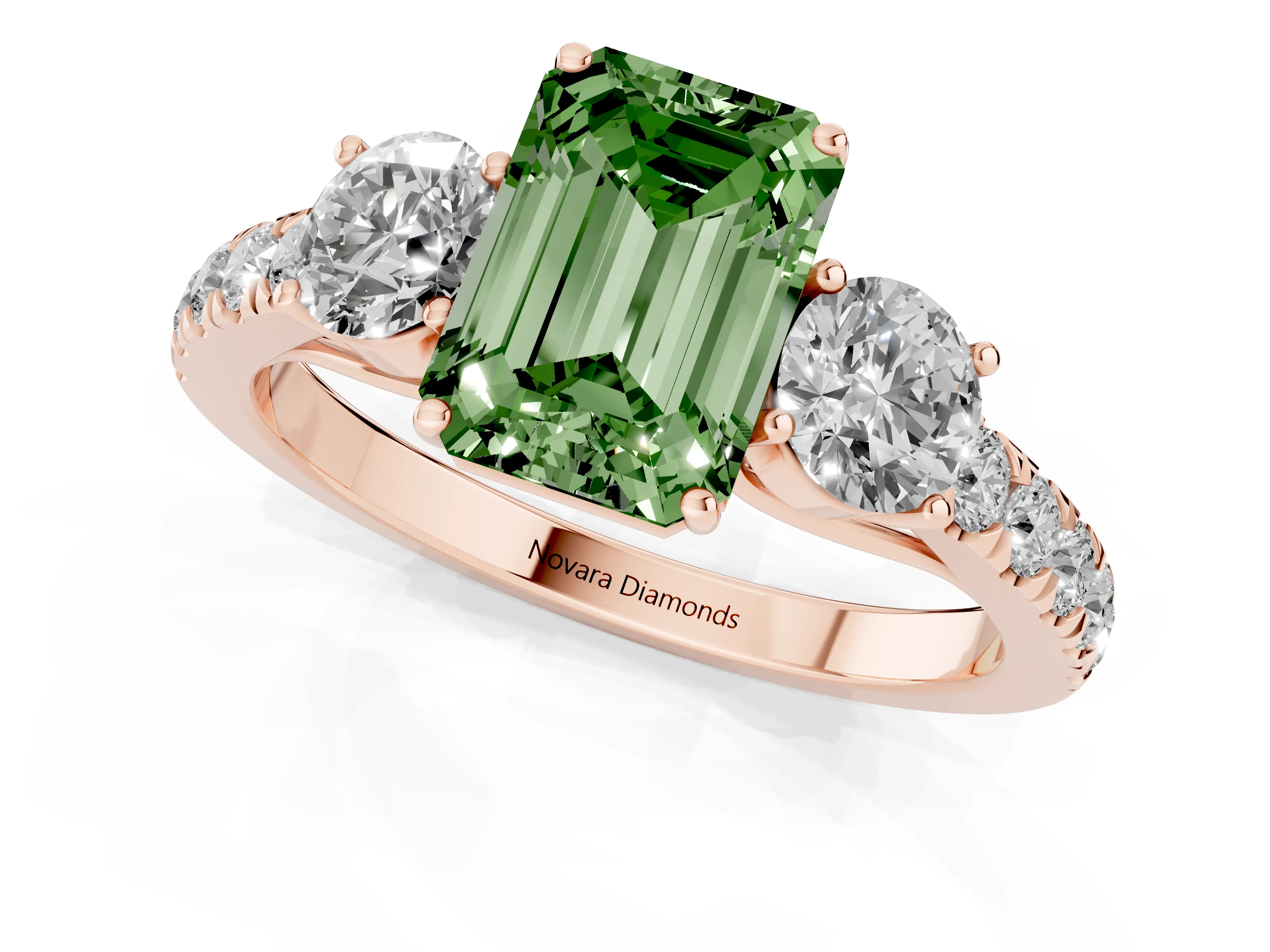 Fancy Green Emerald Cut Diamond Three-Stone Ring Set in Rose gold with Round Side Stones and Delicate Pavé Band