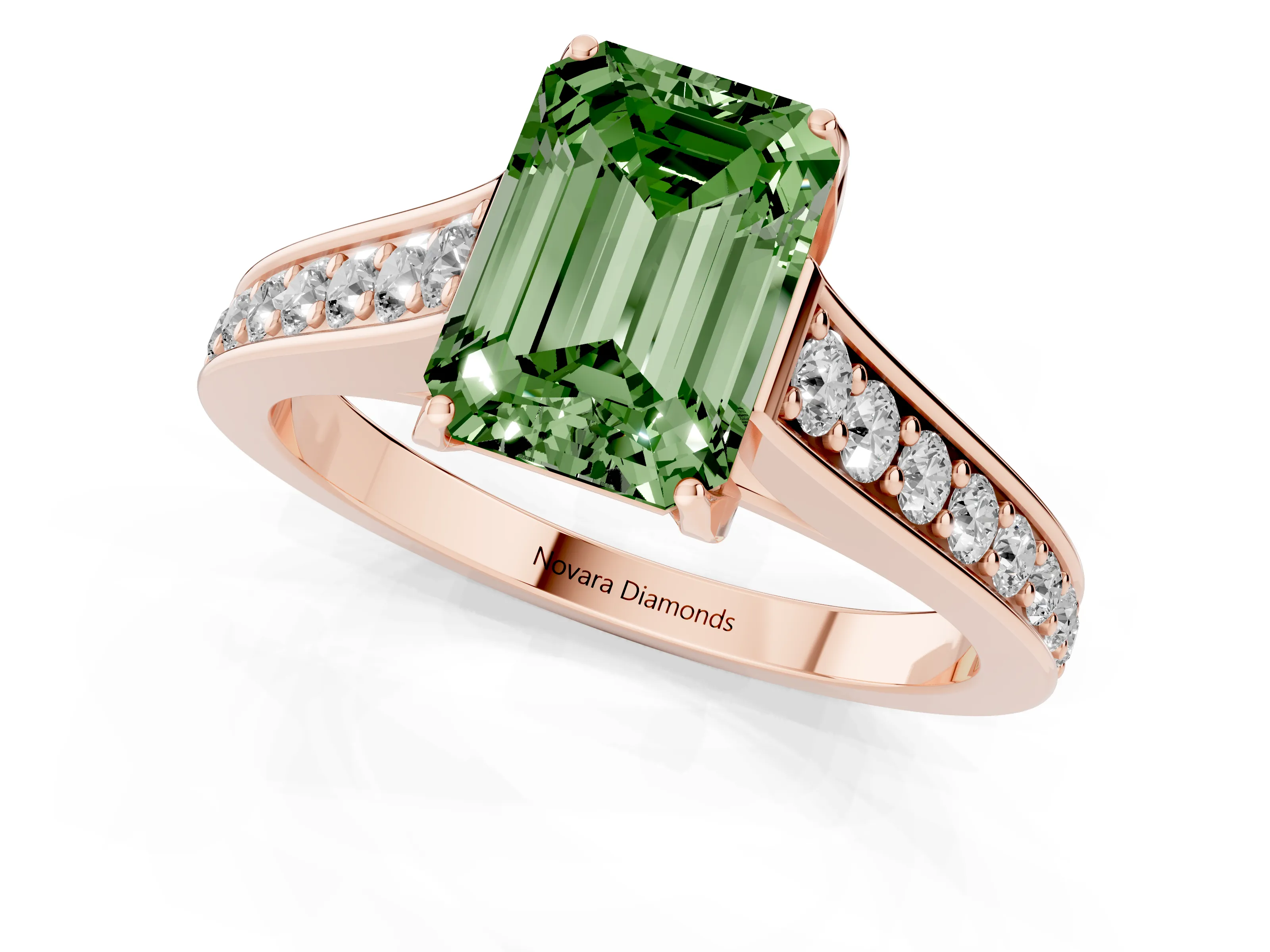 Fancy Green Emerald Cut Diamond Solitaire Pavé Engagement Ring Set in Rose gold with Prong Setting