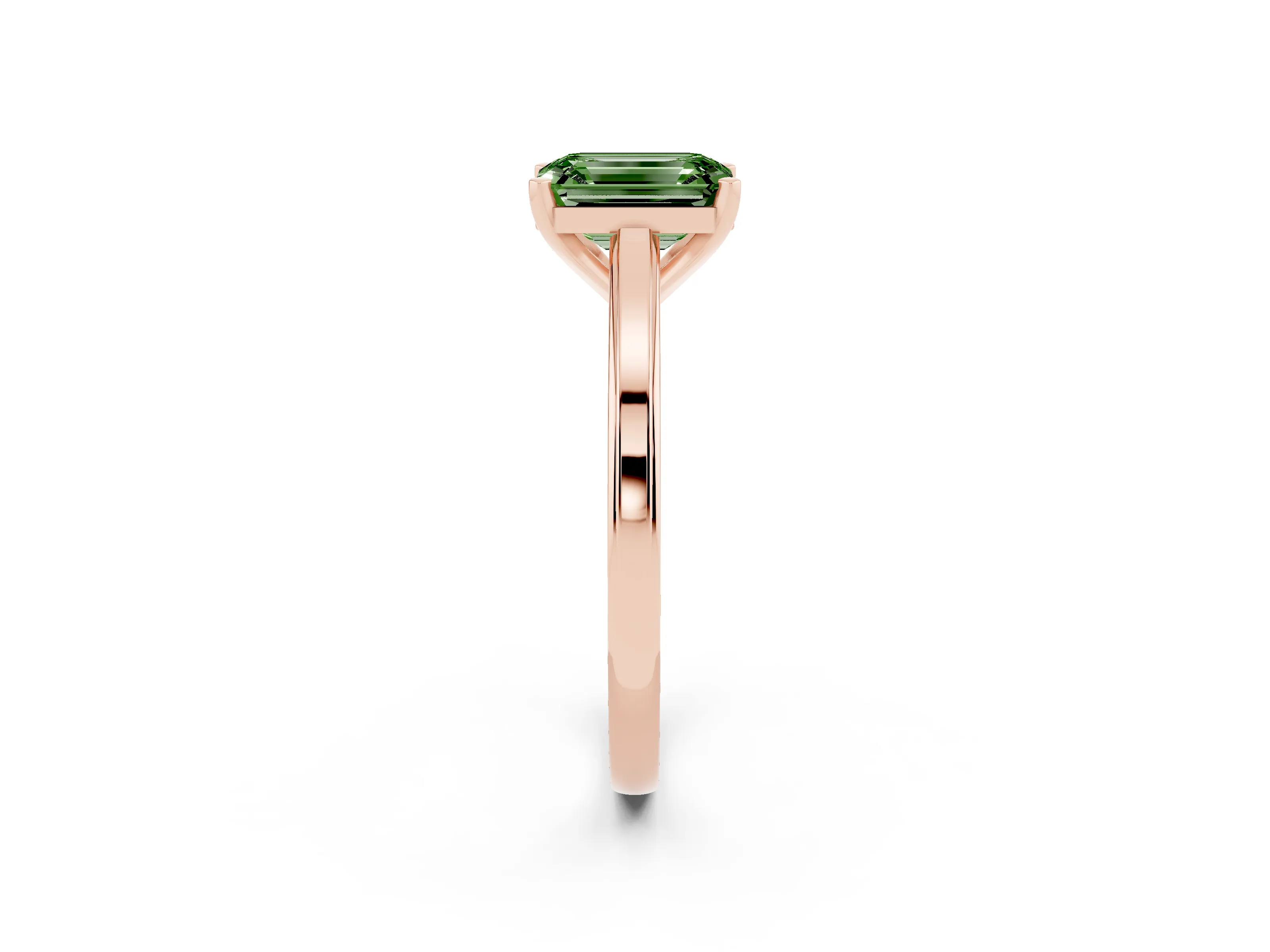 Fancy Green Emerald Cut Diamond Solitaire Ring Set in Rose gold with Prong Setting and Classic Band