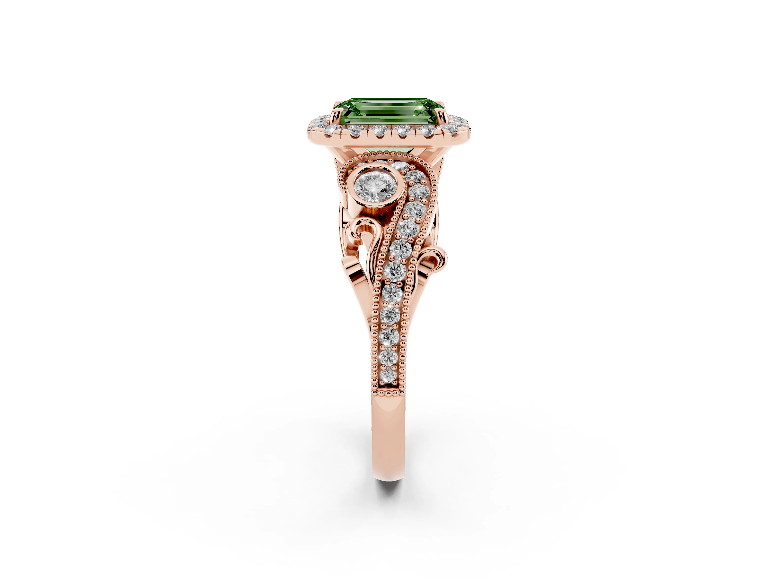 Fancy Green Emerald Cut Diamond Halo Ring Set in Rose gold with Milgrain Pavé Band and Prong Setting