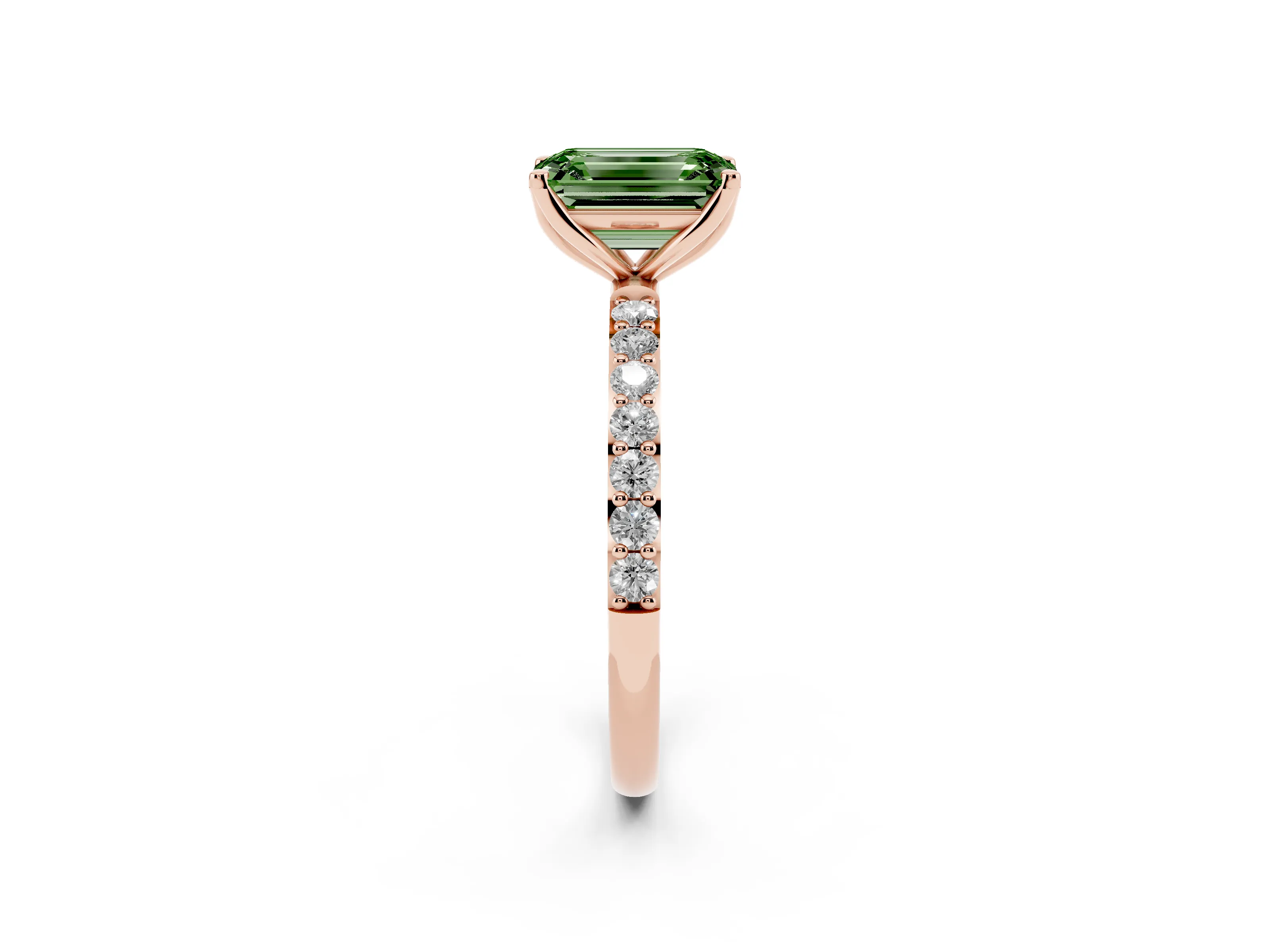 Fancy Green Emerald Cut Diamond Solitaire Engagement Ring Set in Rose gold with Round Pavé Band and Prong Setting