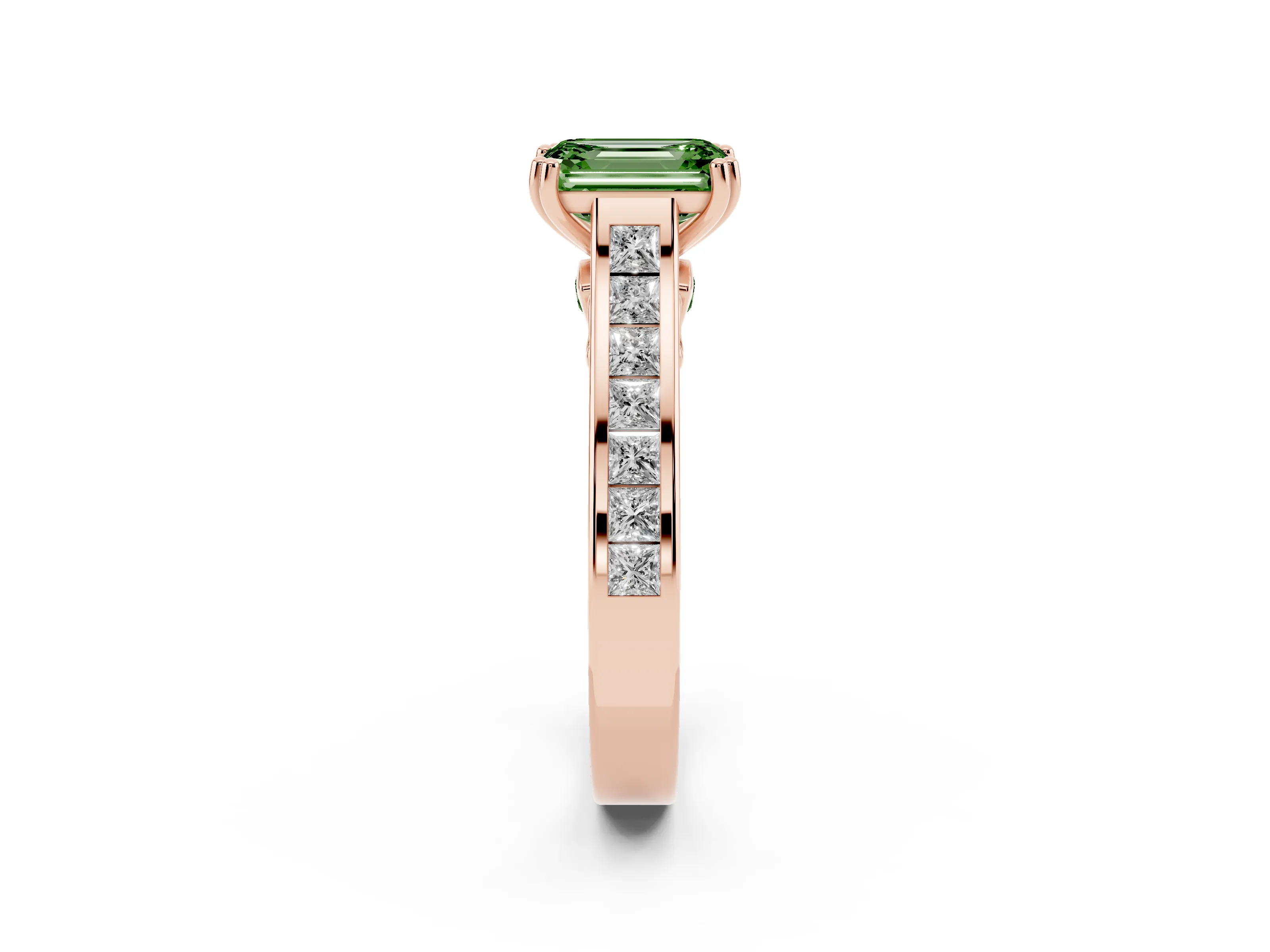 Fancy Green Emerald Cut Diamond Channel Set Solitaire Engagement Ring Set in Rose gold with Prong Setting