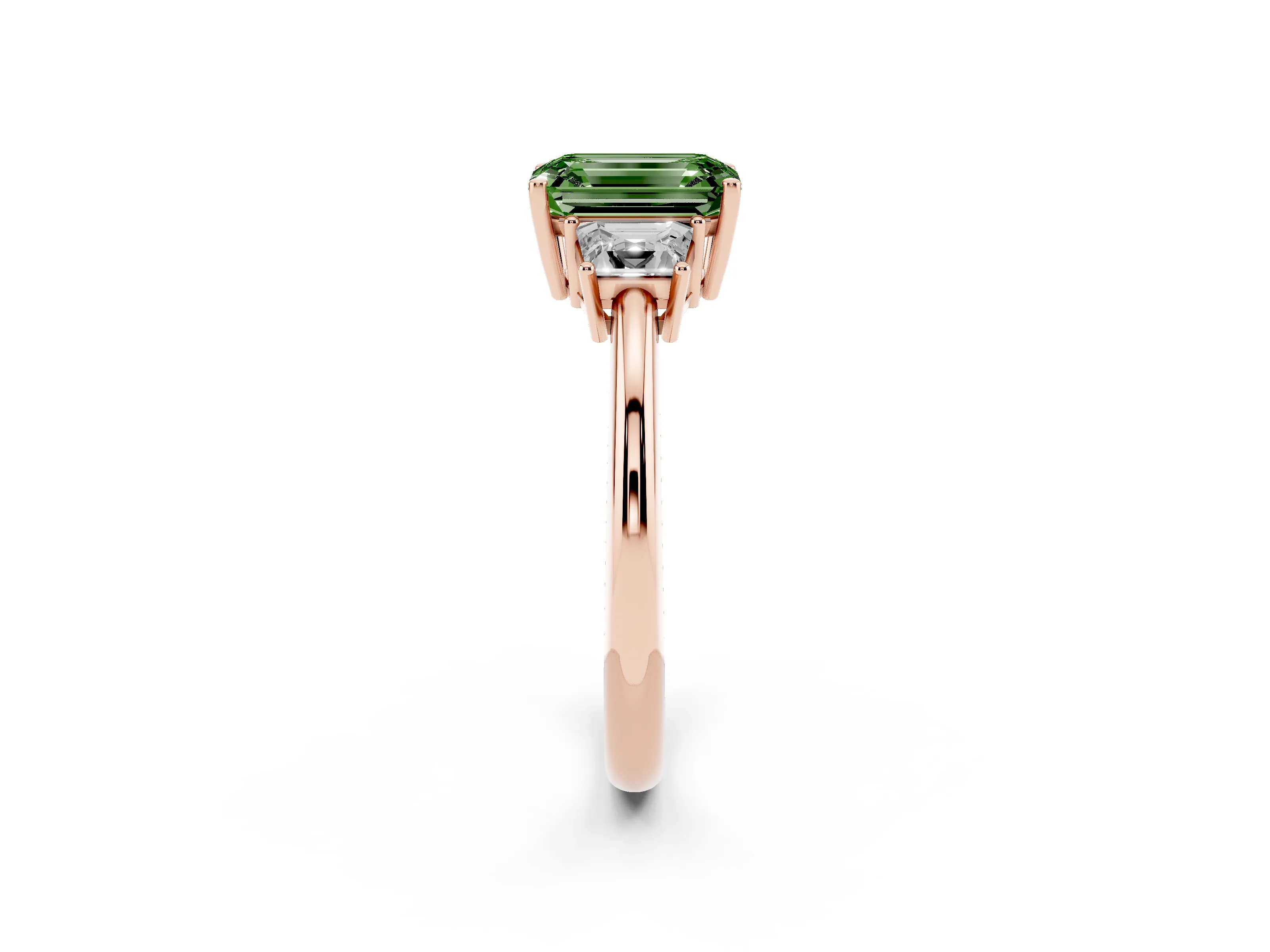 Fancy Green Emerald Cut Diamond Three-Stone Ring Set in Rose gold with Trapezoid Side Stones and Prong Setting