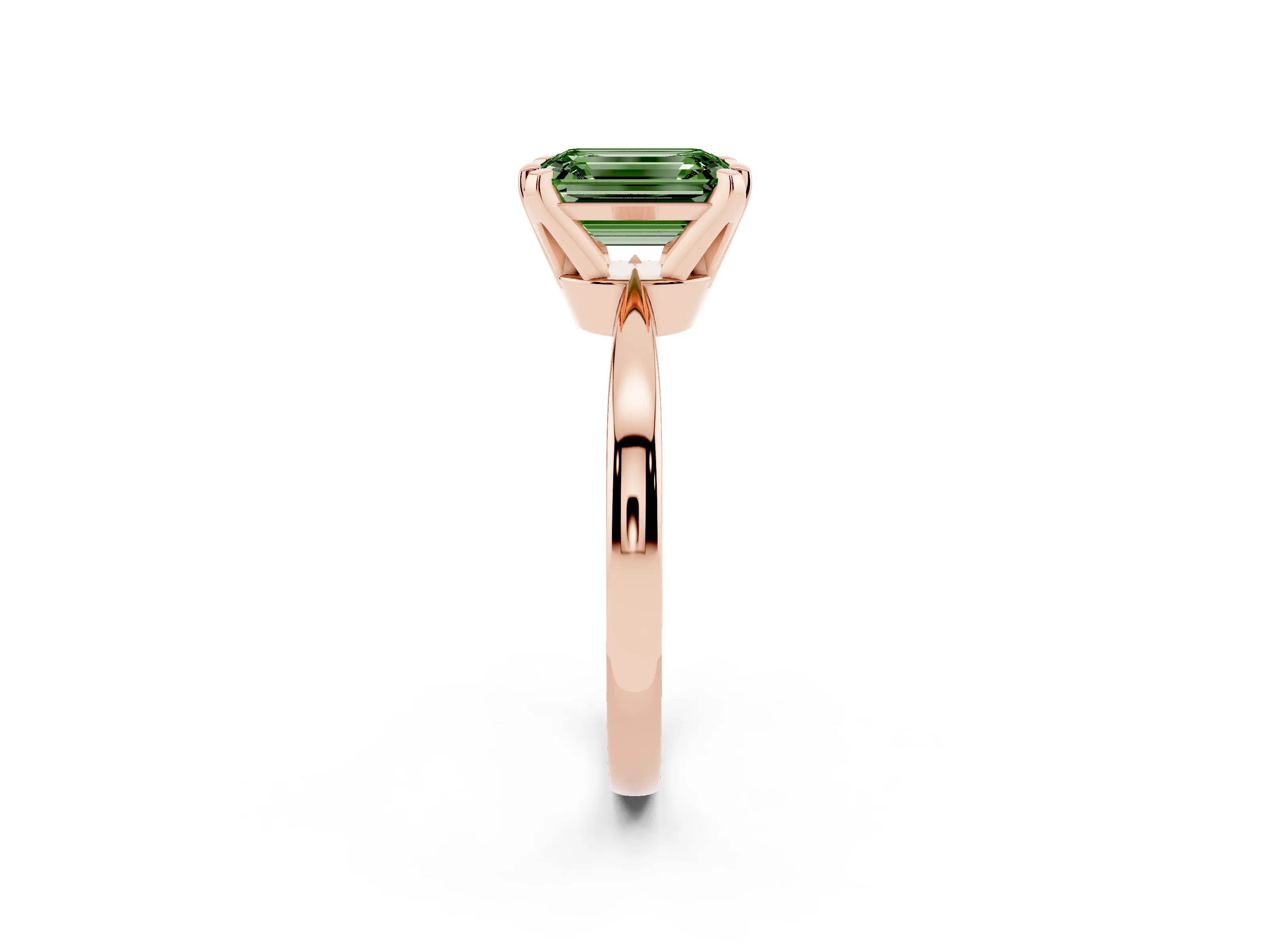 Fancy Green Emerald Cut Diamond Solitaire Engagement Ring Set in Rose gold with Slim Tapered Solitaire Band