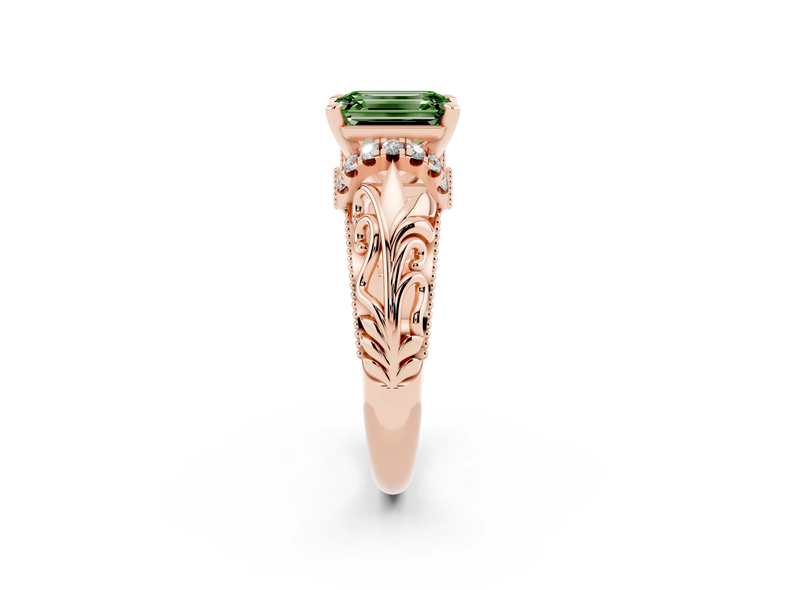 Fancy Green Emerald Cut Diamond Filigree Halo Engagement Ring Set in Rose gold with Prong Setting