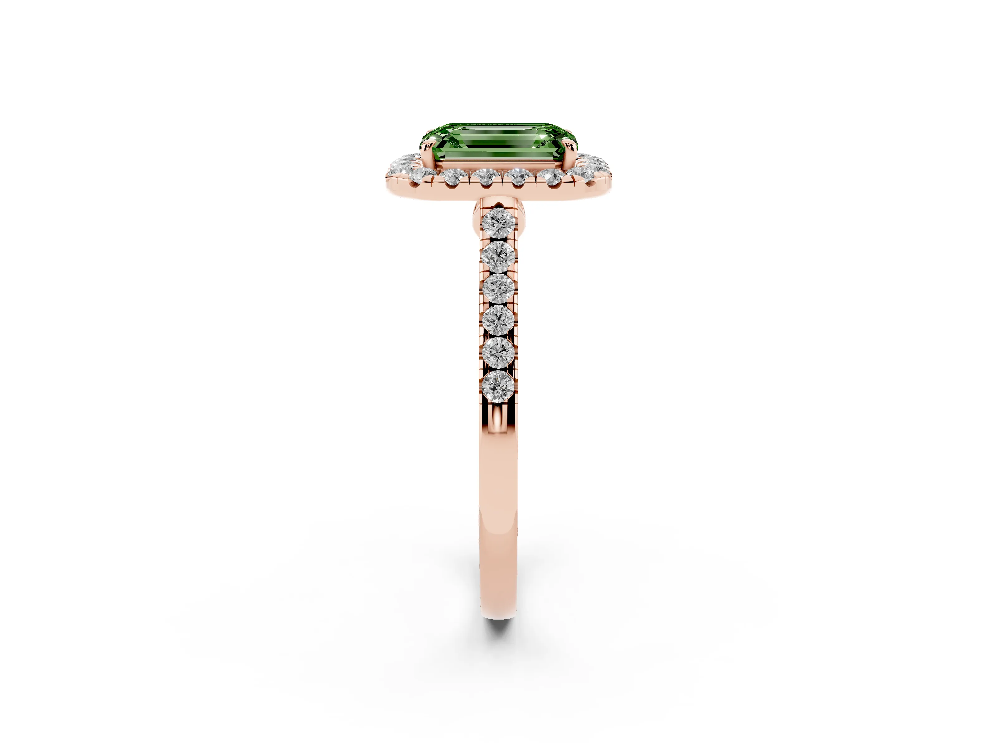 Fancy Green Emerald Cut Diamond Halo Pavé Engagement Ring Set in Rose gold with Prong Setting