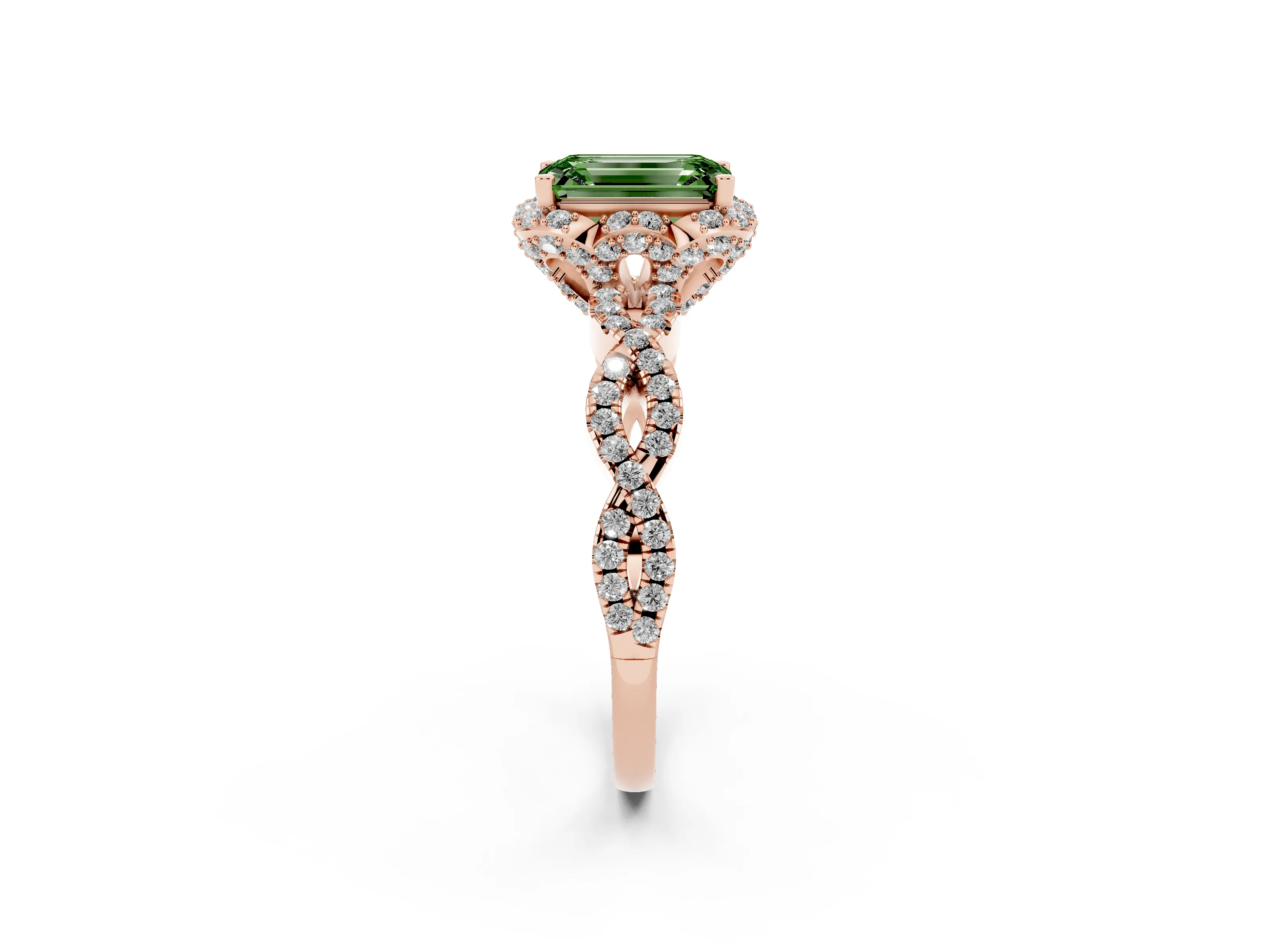 Fancy Green Emerald Cut Diamond Halo Twist Band Solitaire Ring Set in Rose gold with Prong-Set Center Stone