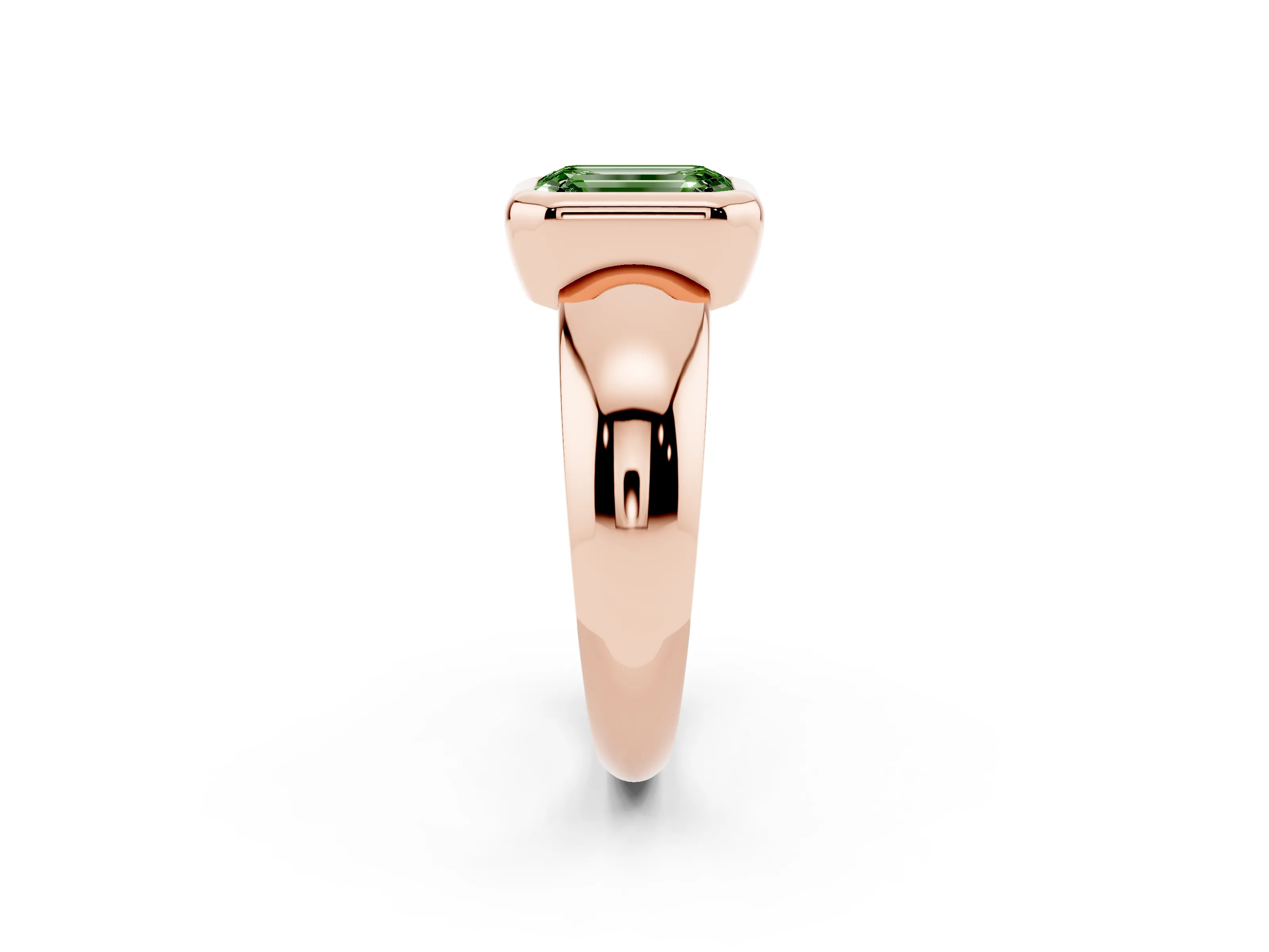Fancy Green Bezel Set Emerald Cut Diamond Solitaire Ring Set in Rose gold with Wide Band