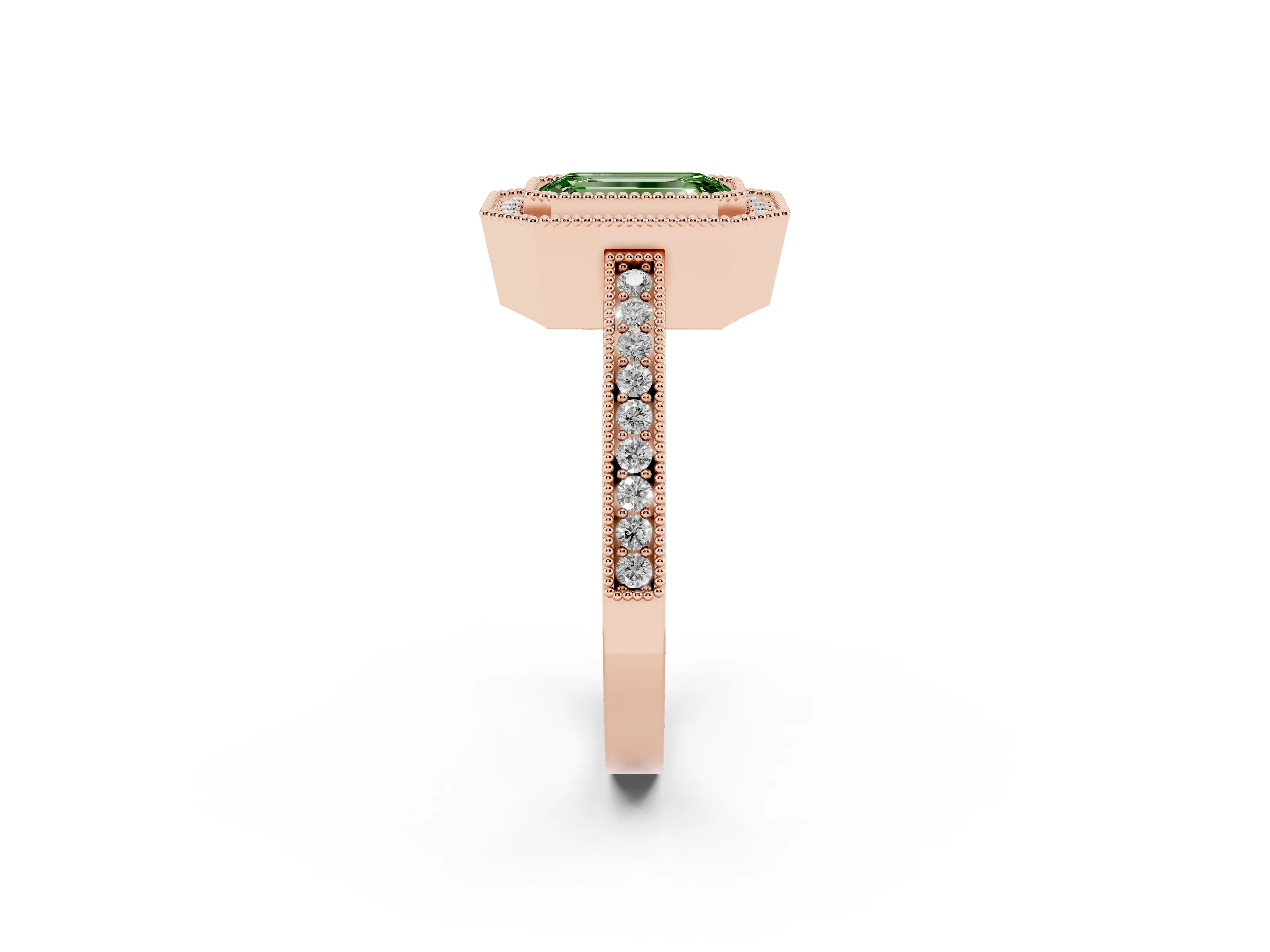 Fancy Green Emerald Cut Diamond Round Halo Ring Set in Rose gold with Pavé Band