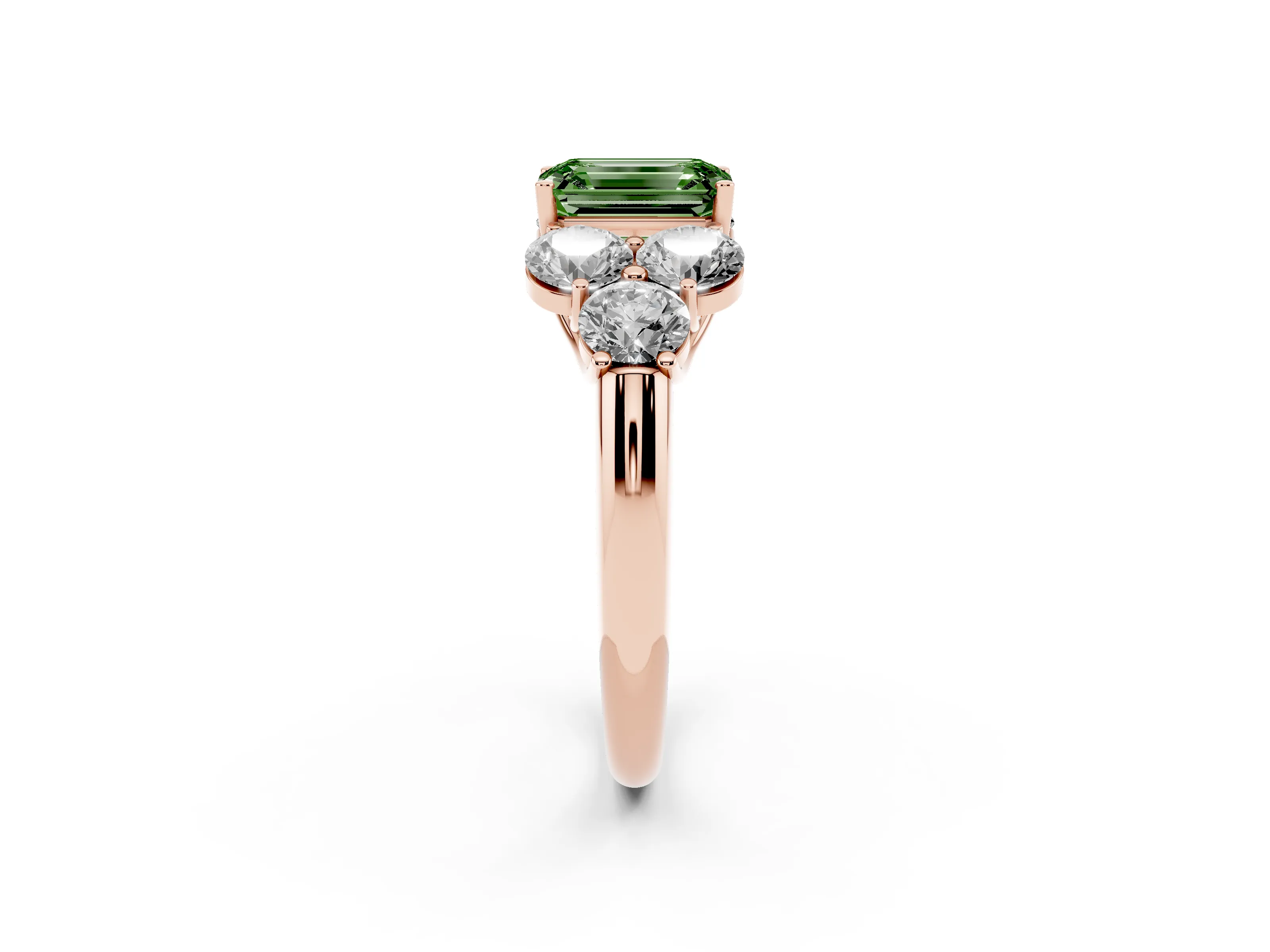 Fancy Green Emerald Cut Diamond Cluster Ring Set in Rose gold with Round Accent Stones and Prong Setting on a Plain Band