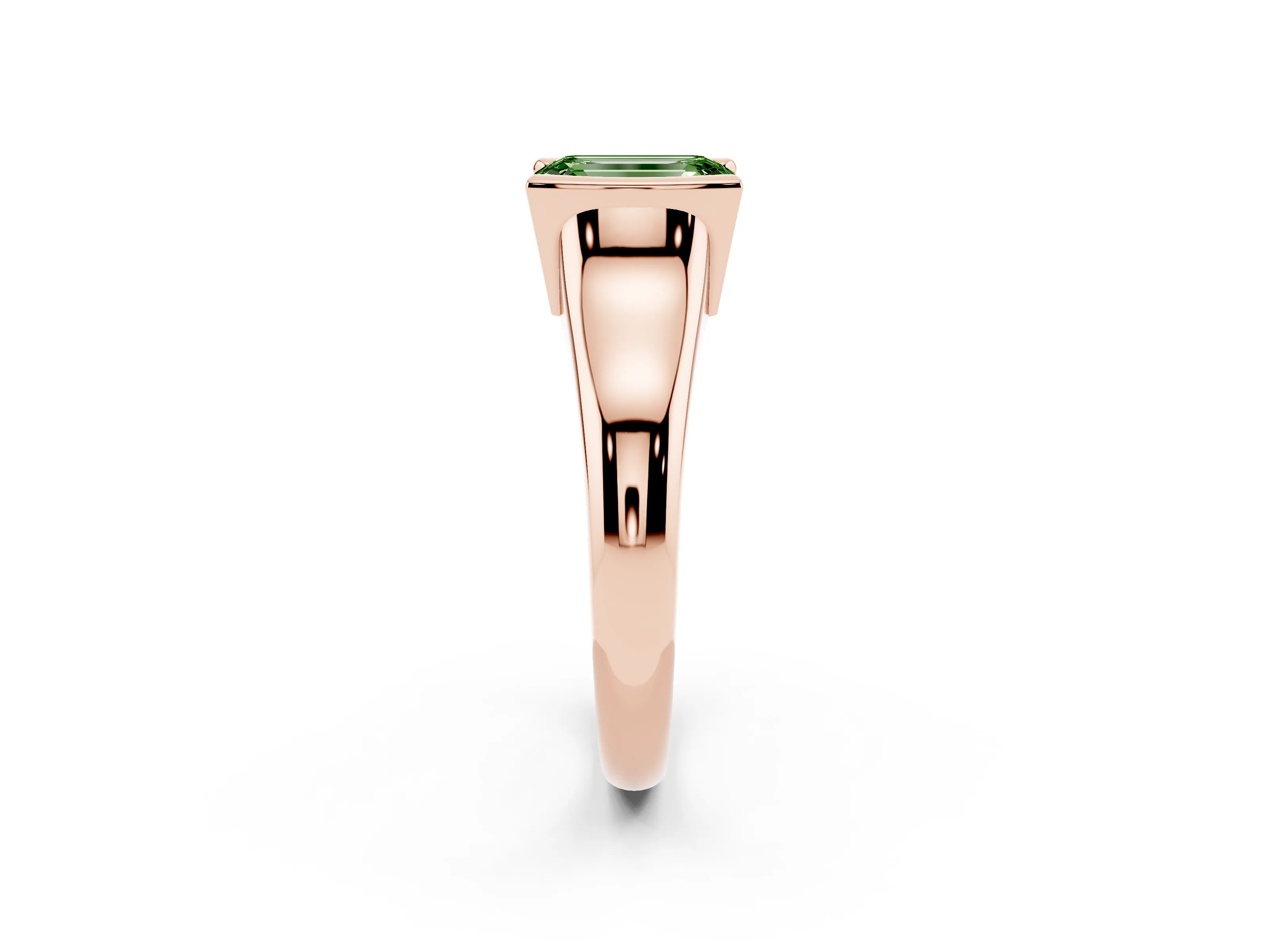 Fancy Green Emerald Cut Diamond Solitaire Tension Set Ring Set in Rose gold with Split Shank Band