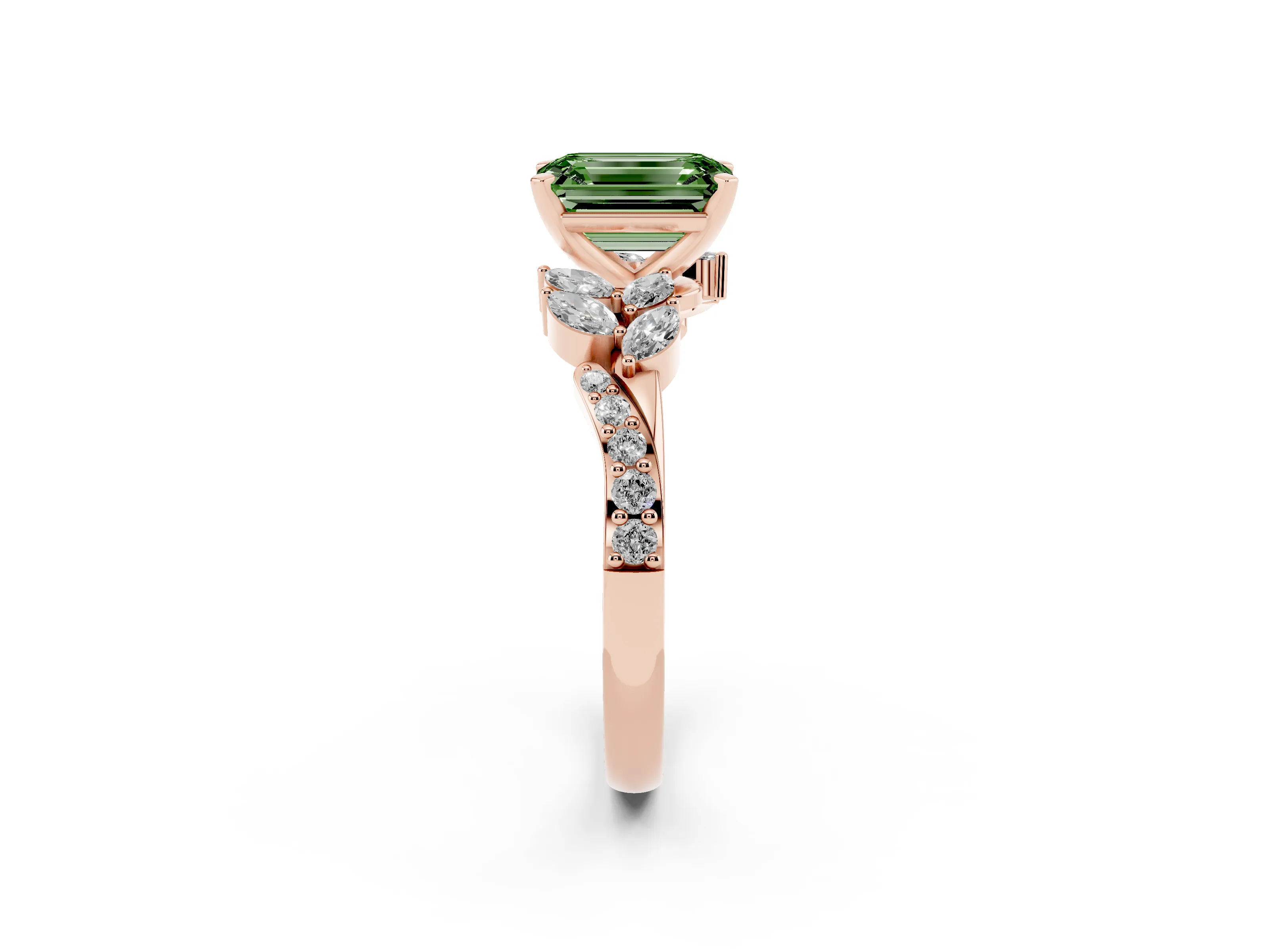 Fancy Green Emerald Cut Diamond Solitaire Ring Set in Rose gold with Marquise Twist Band and Prong Setting