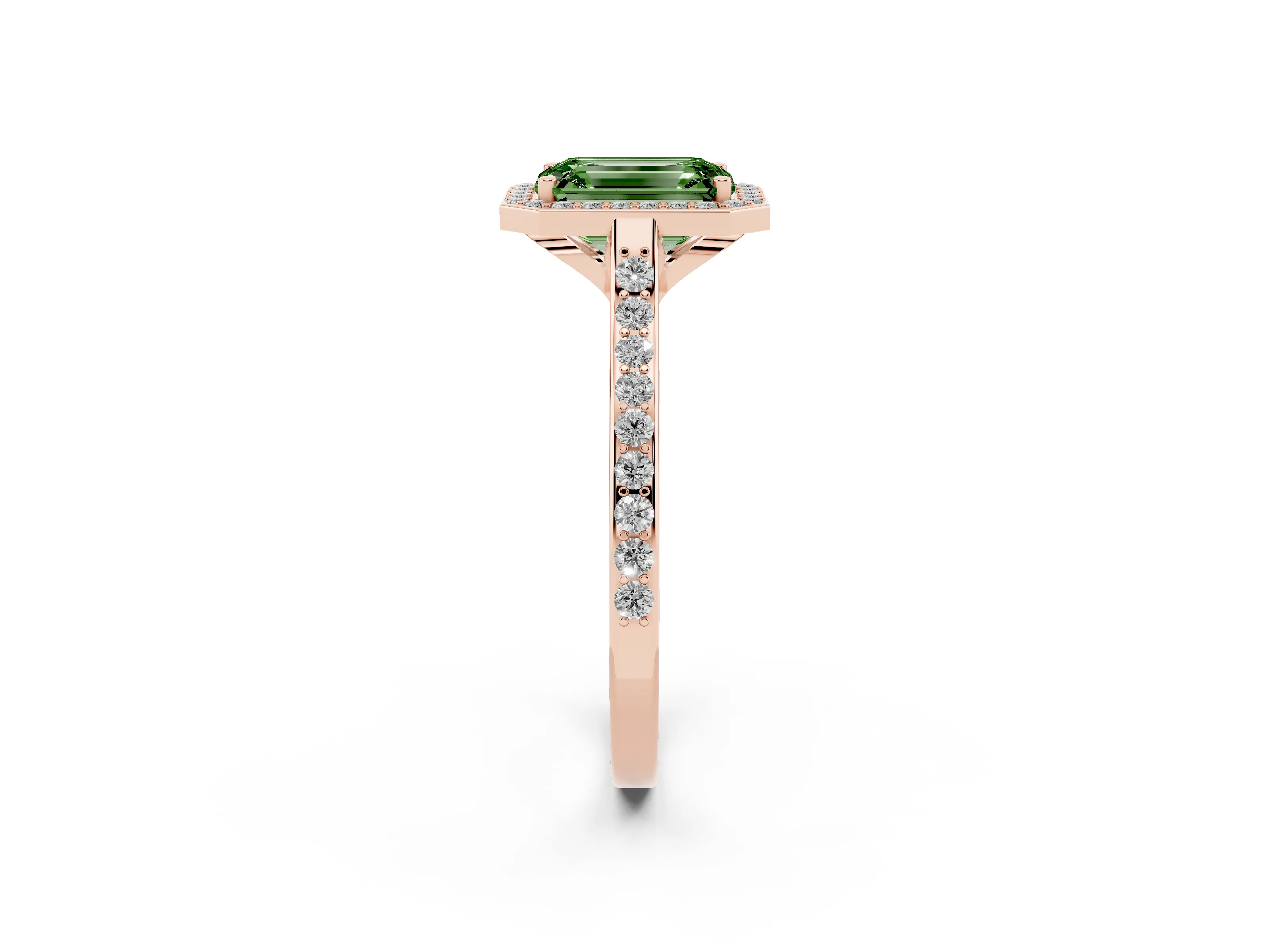 Fancy Green Emerald Cut Diamond Halo Engagement Ring Set in Rose gold with Round Pavé Shoulders and Heart Gallery