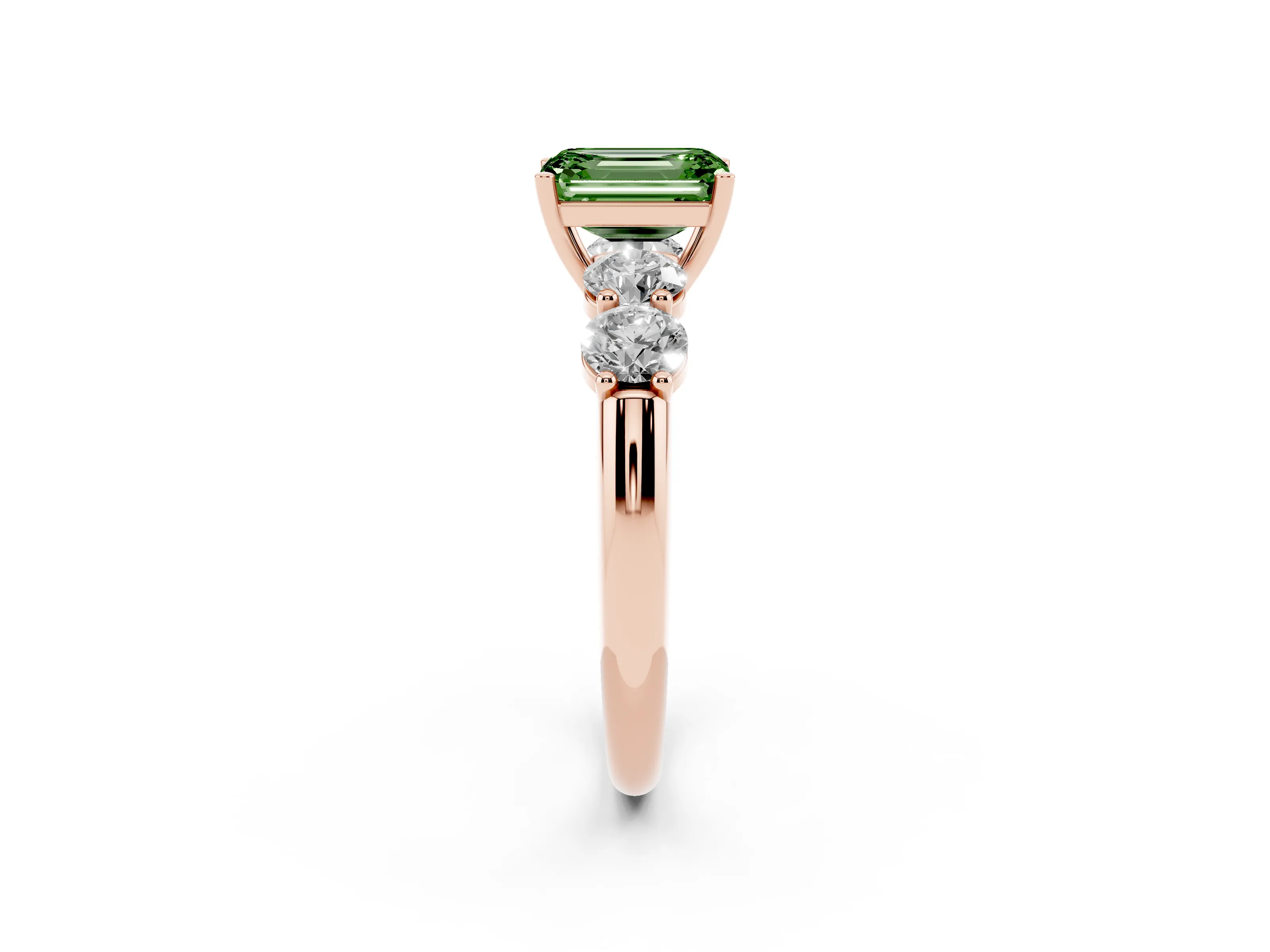Fancy Green Emerald Cut Diamond Five-Stone Prong Set Ring Set in Rose gold with Classic Band
