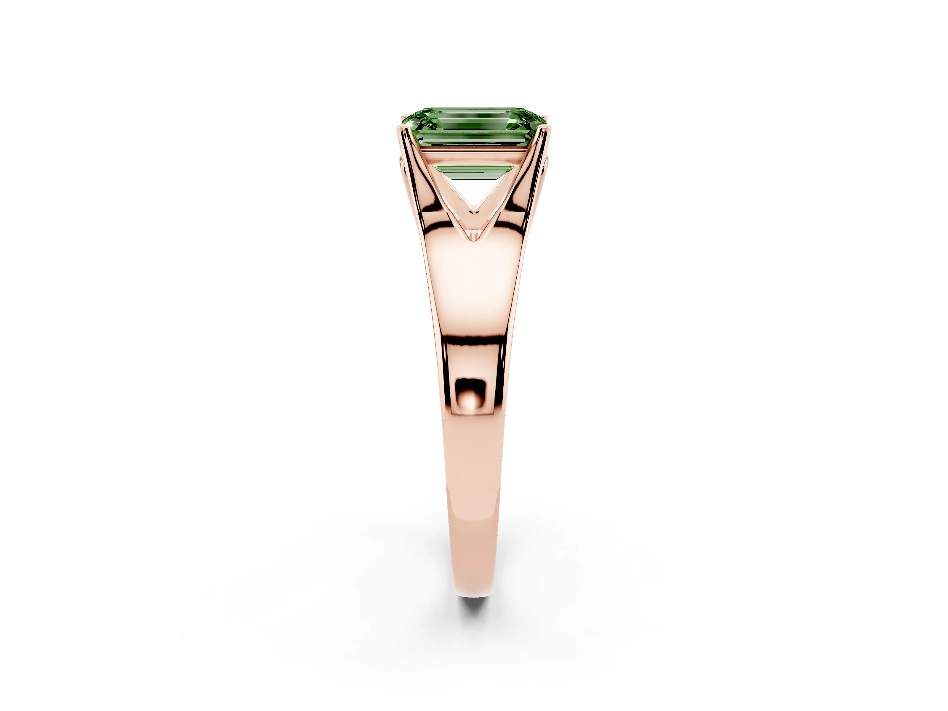 Fancy Green Emerald Cut Diamond Solitaire Ring Set in Rose gold with Arched Cathedral Band and Prong Setting