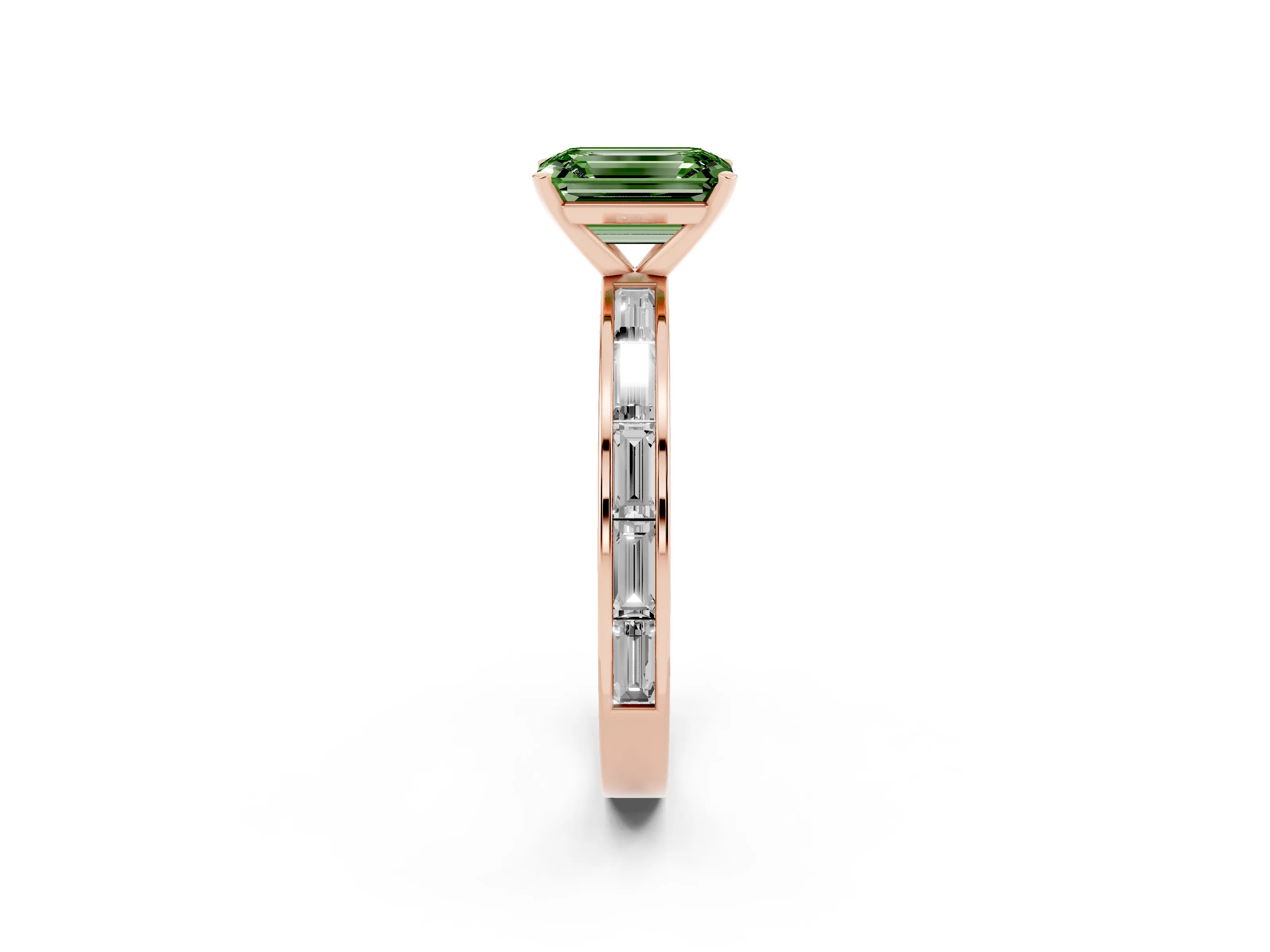 Fancy Green Emerald Cut Diamond Solitaire Ring Set in Rose gold with Channel-Set Baguette Band and Prong Setting