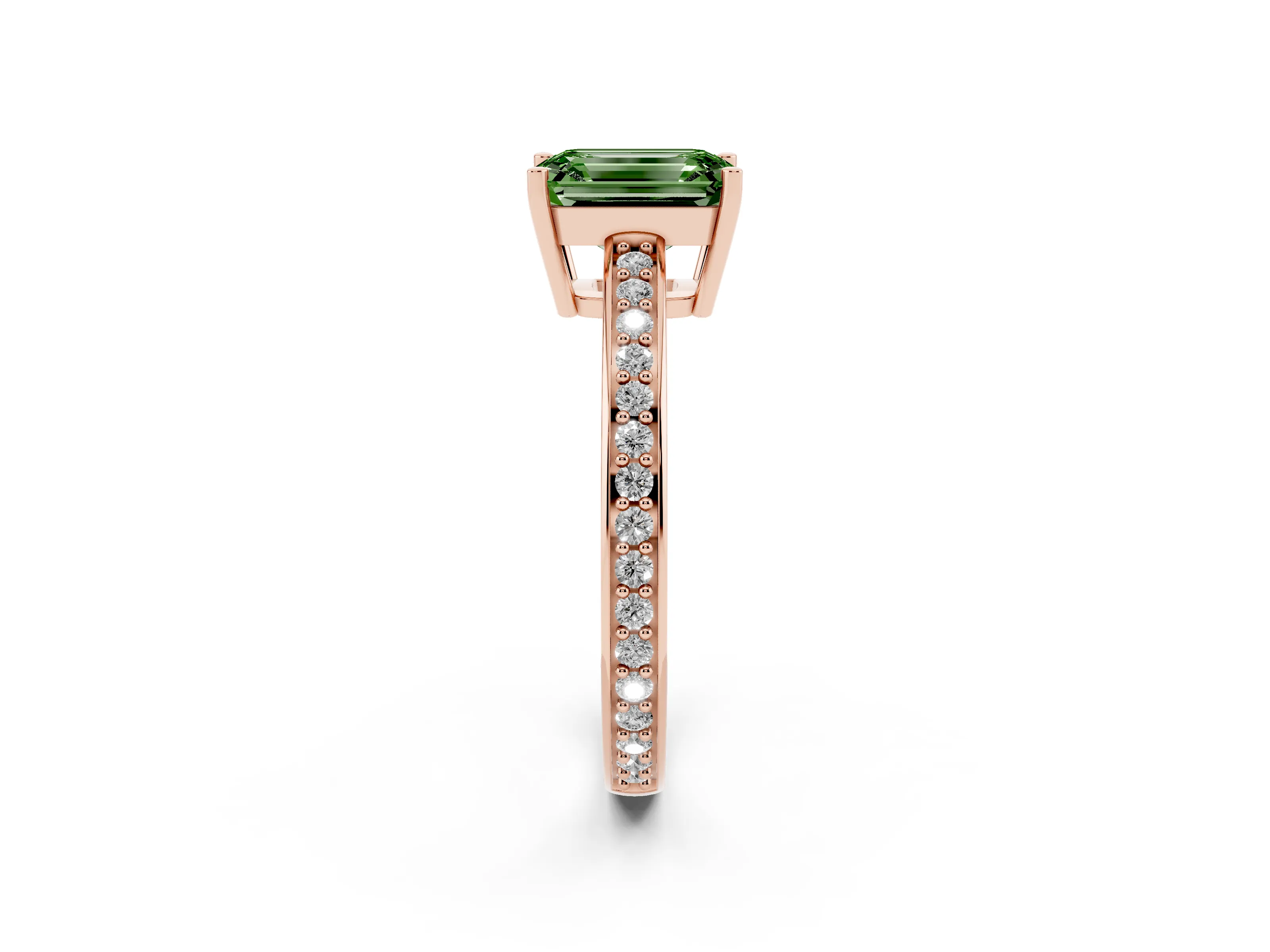 Fancy Green Emerald Cut Diamond Pavé Band Prong Set Solitaire Ring Set in Rose gold
