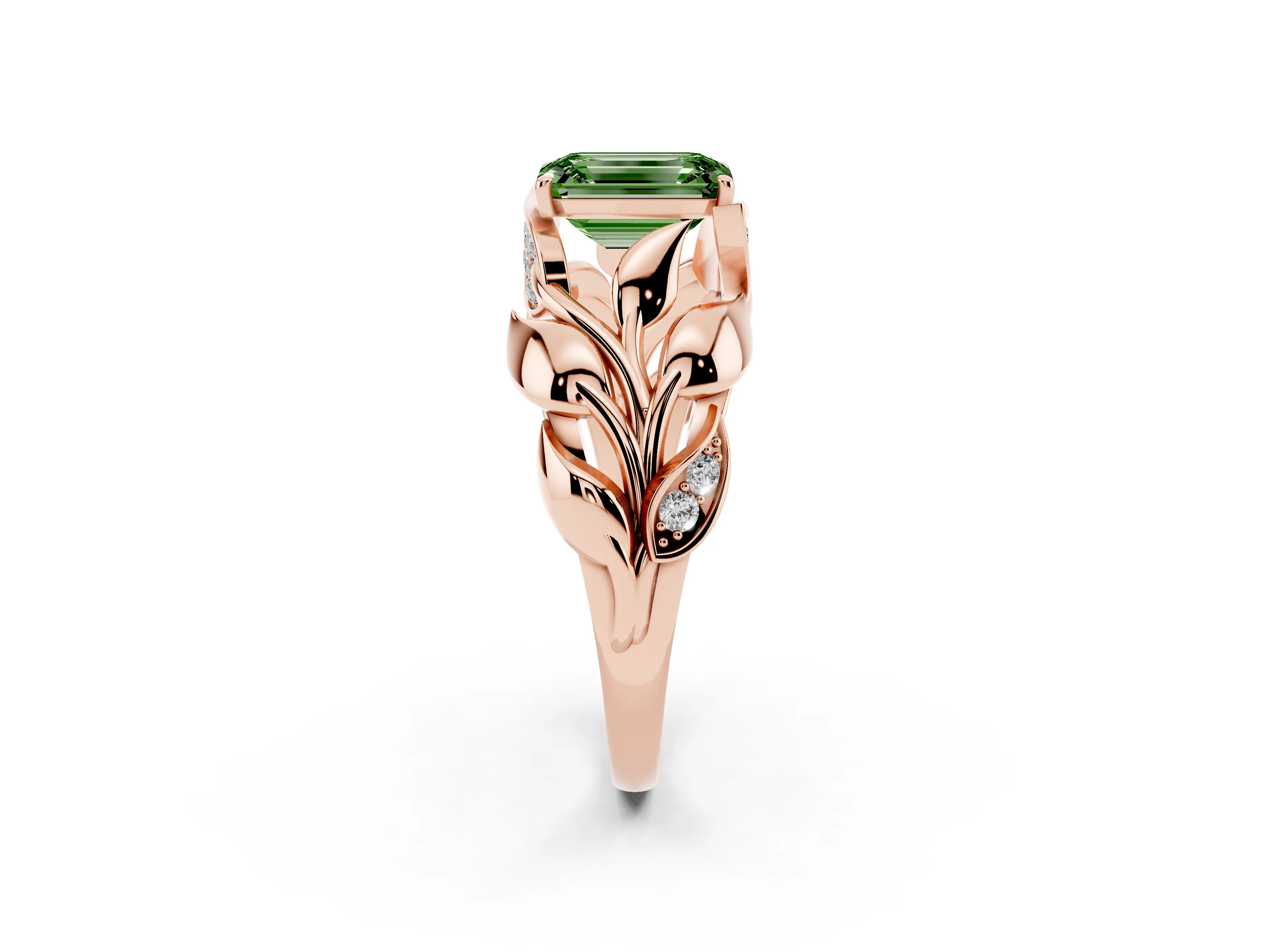 Fancy Green Emerald Cut Diamond Leaf-Inspired Engagement Ring Set in Rose gold with Round Accents