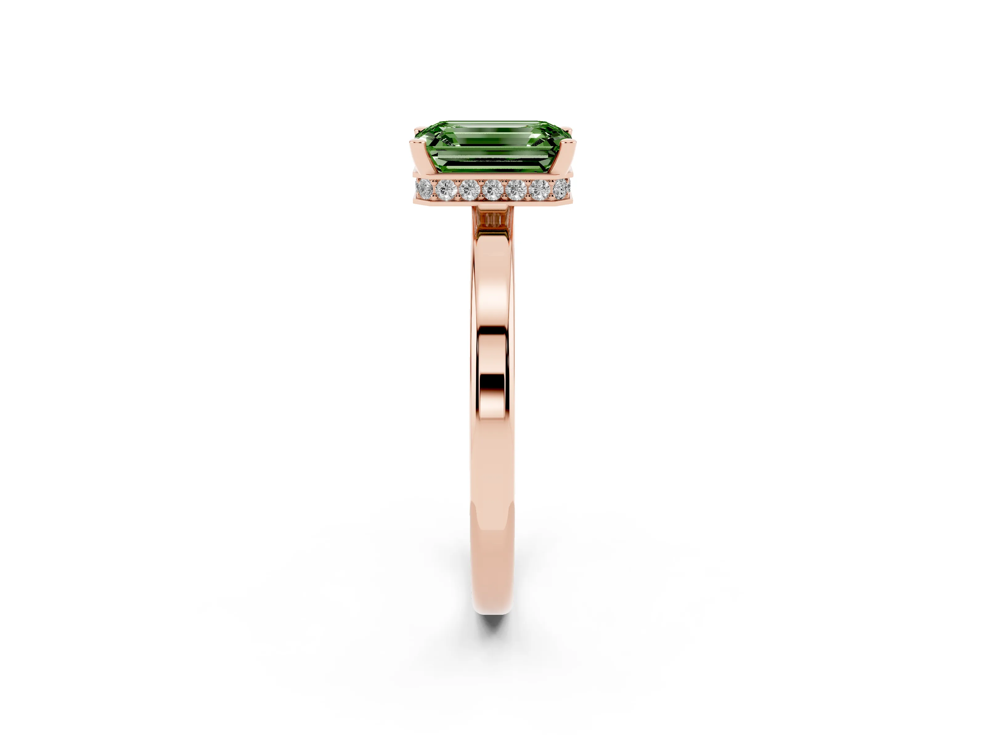 Fancy Green Emerald Cut Diamond Solitaire Engagement Ring Set in Rose gold with Prong Setting on a Plain Band