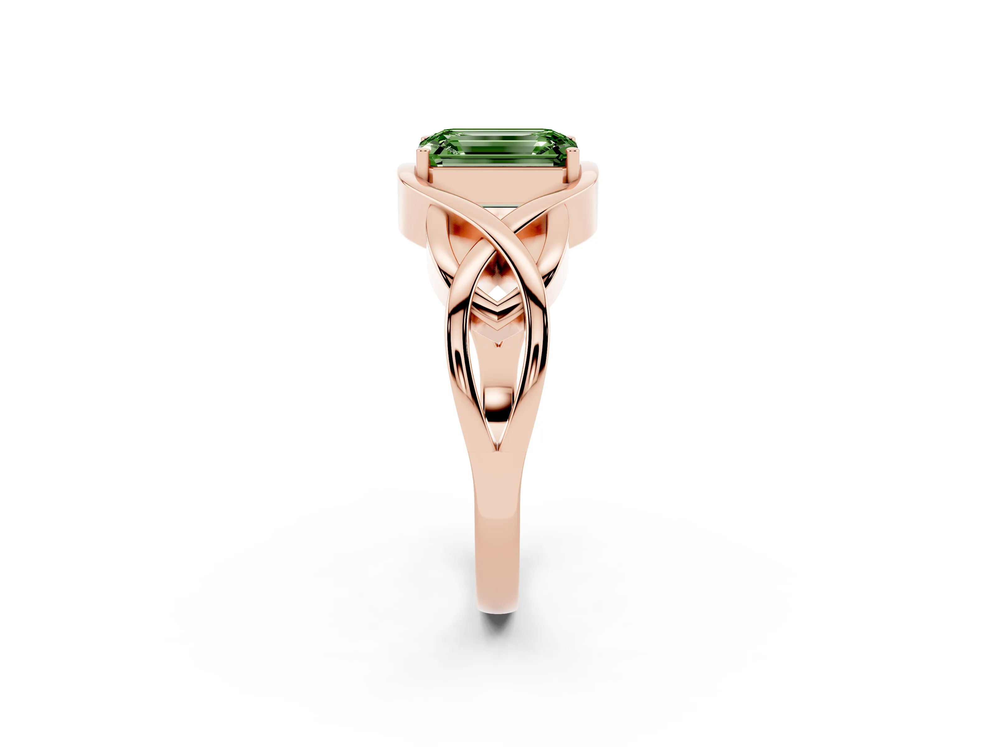 Fancy Green Emerald Cut Diamond Solitaire Ring Set in Rose gold with Intertwined Band