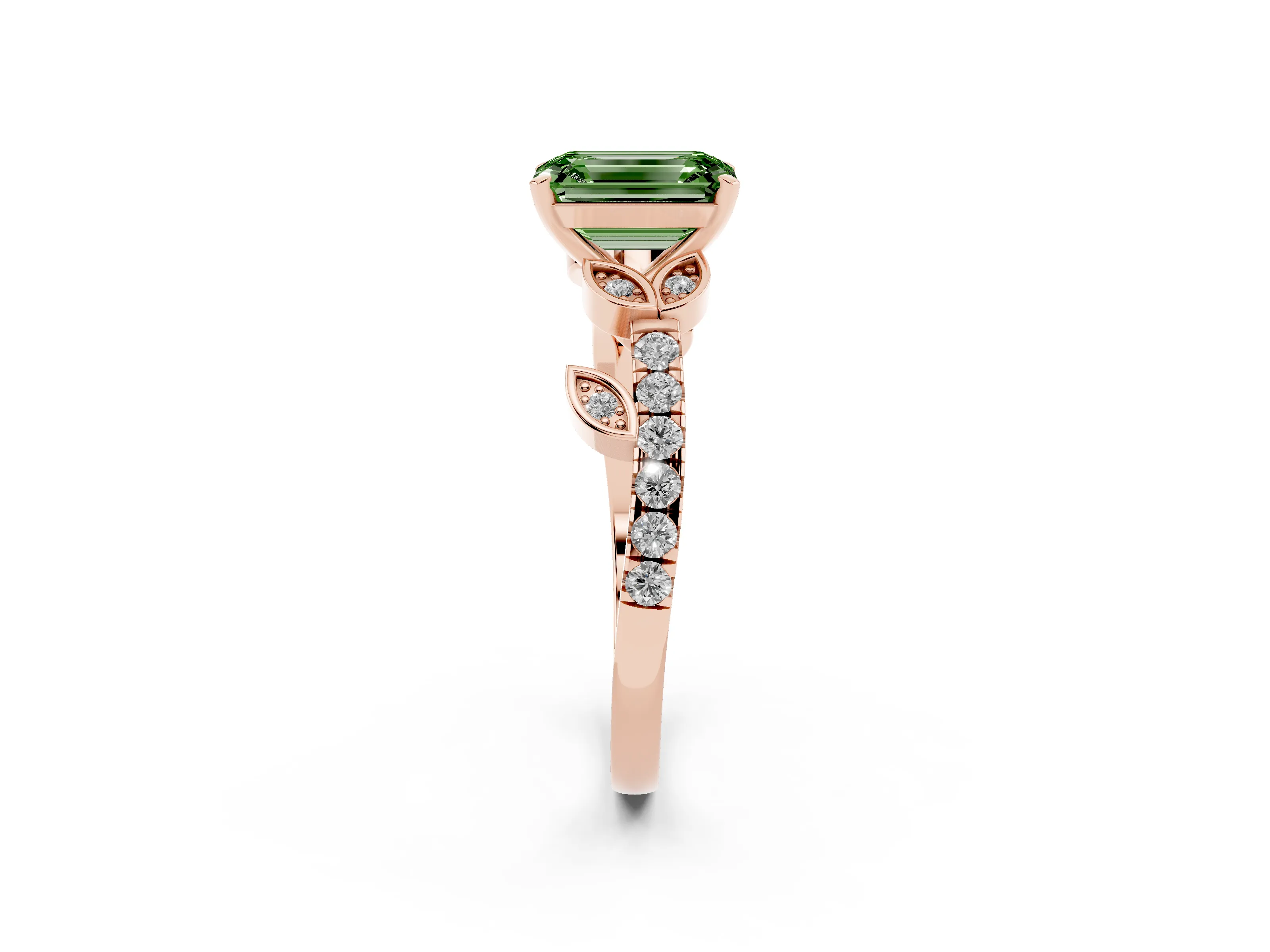 Fancy Green Emerald Cut Diamond Solitaire Leaf-Inspired Ring Set in Rose gold with Pavé Band and Prong Setting